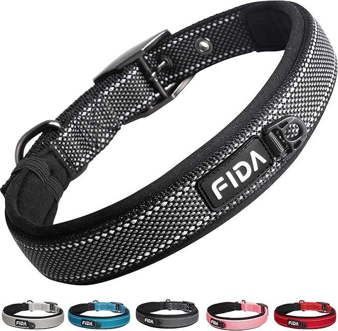 Fida Padded Dog Collar for Small Dogs with Metal Belt Buckle, Black