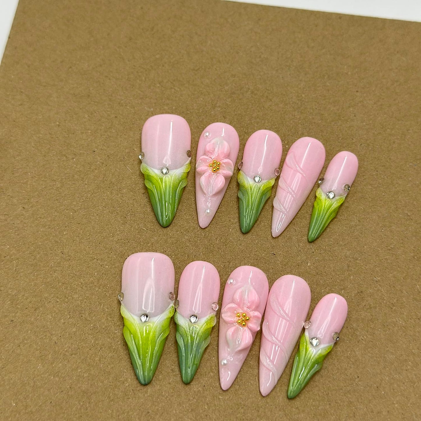 Luxury Press on Nails Long Stiletto Handmade Unique Reusable ABS Material Fake Nails Green French Tip False Nails with Designs 3D Flower Art Petal Glossy Glue on Nails Thick Acrylic Nails(S)