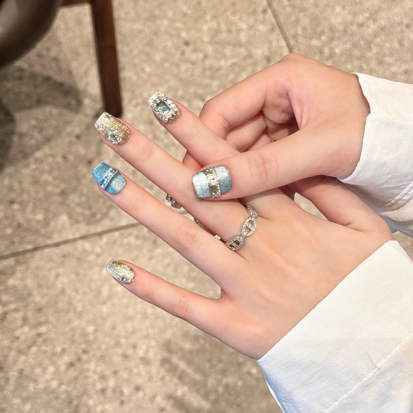 NLSJMP 3D handmade Gel nails press on false nails short square Peacock blue sparkling rhinestone cute acrylic Reusable fake nails designed kit,10 Nails Size S #2058