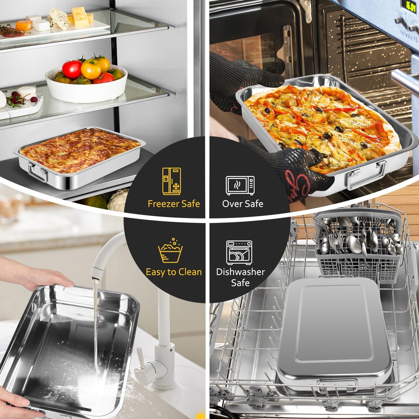 2 Pcs 12.7"15.5" Stainless Steel Roasting Pans with Handles, Baking Pan for Oven with 2 Pcs Flat Racks, Heavy Duty, Dishwasher Safe Rectangular Lasagna Pan with Handles for Turkey Chicken, Silver