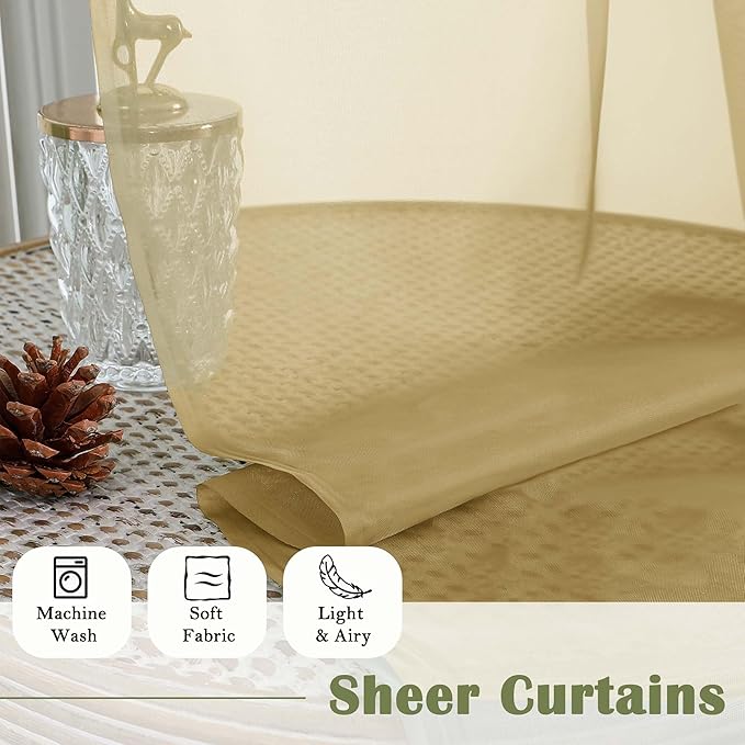 Lecloud Gold Sheer Curtains 96 Inches Long 2 Panels Set, Home Decor Light Filtering Airy Solid Color Drapes, Dual Rod Pocket Living Room Curtains for Bedroom Dining Room, Each Panel 59" W x 96" L