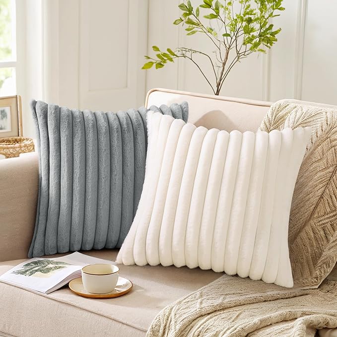 Pallene Faux Fur Plush Throw Pillow Covers 22x22 Set of 2, Luxury Soft Fluffy Striped Decorative Pillow Covers for Sofa, Couch, Living Room, Grey