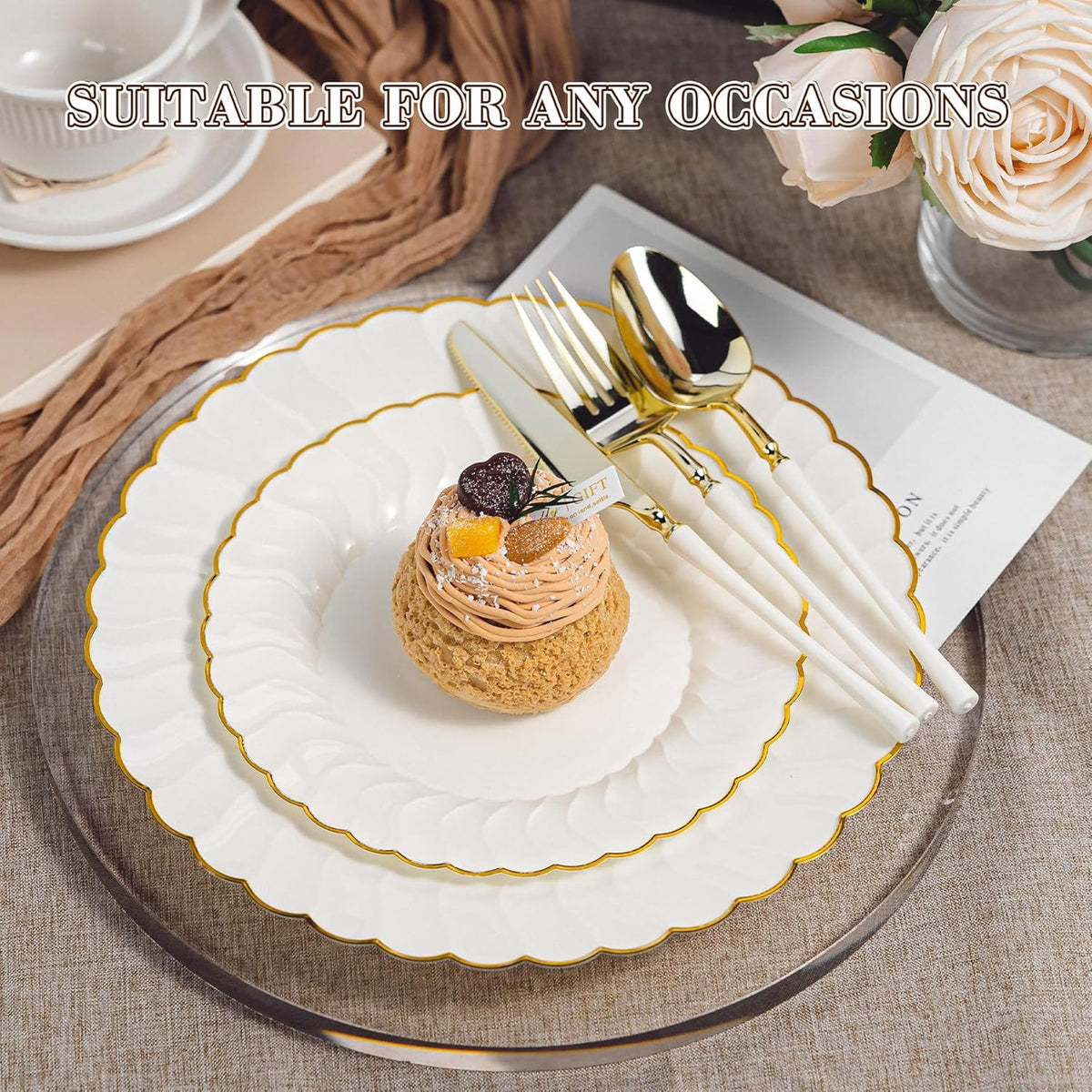 HOMIP 150PCS Ivory Plates with Gold Disposable Silverware - Include 60 Scalloped Plastic Plates, 30 Knives, 30 Forks, 30 Spoons Elegant & Lightweight for Weddings, Birthdays, Parties