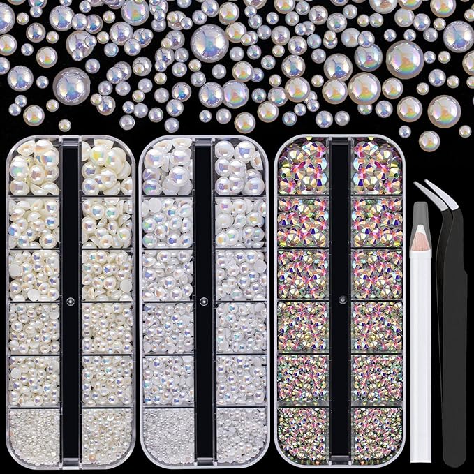 4000PCS Flatback Rhinestones and Half Round Pearls Kit #31, Multi Size Glass AB Crystals, Plastic Flat Back White AB & Beige AB Dome Bead with Pickup Pencil and Tweezer for Nail Art