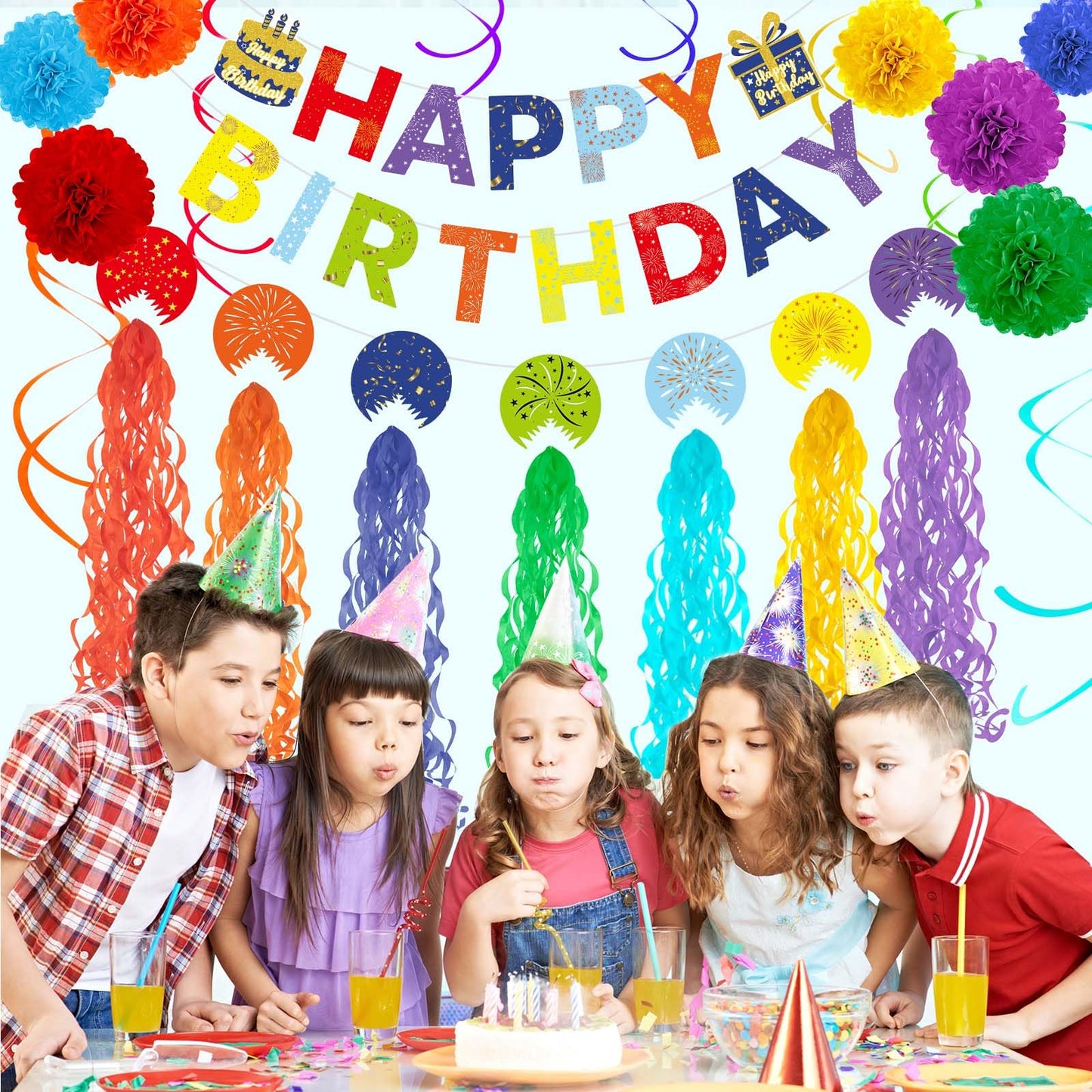 Rainbow Birthday Decorations Kit, 22Pcs Pre-Strung Happy Birthday Banner, Hanging Swirls & Paper Flowers for 21st 30th 40th 50th 60th Milestone Birthday Party Supplies