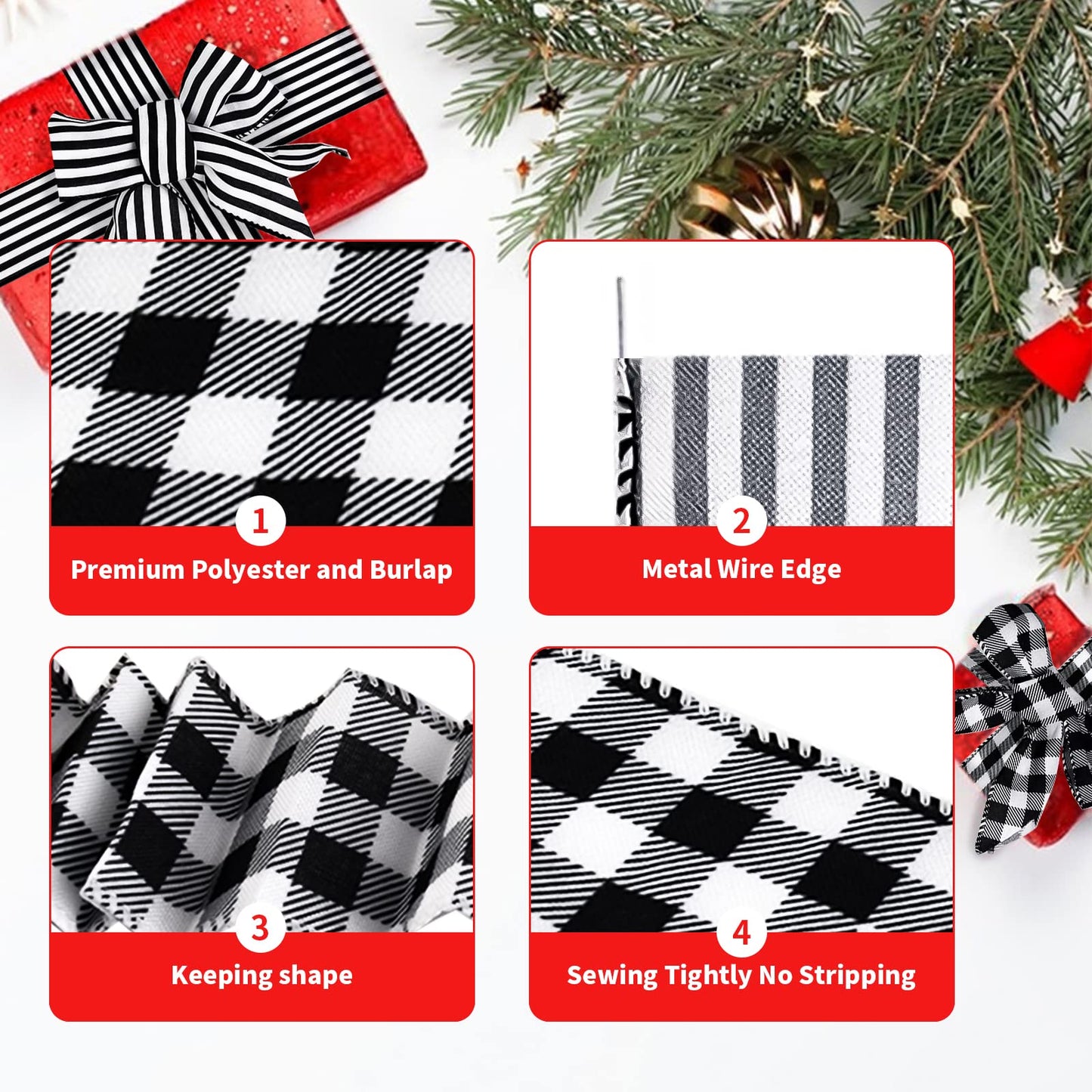 MuRealy Wreath Ribbon Assortment (4 Rolls x 20 Yards) - 2.5 Inch Wired Polyester | Black Stripes, Classic Plaid & Dots - Shedding-Free for Crafts, Gifts, Holiday Decor