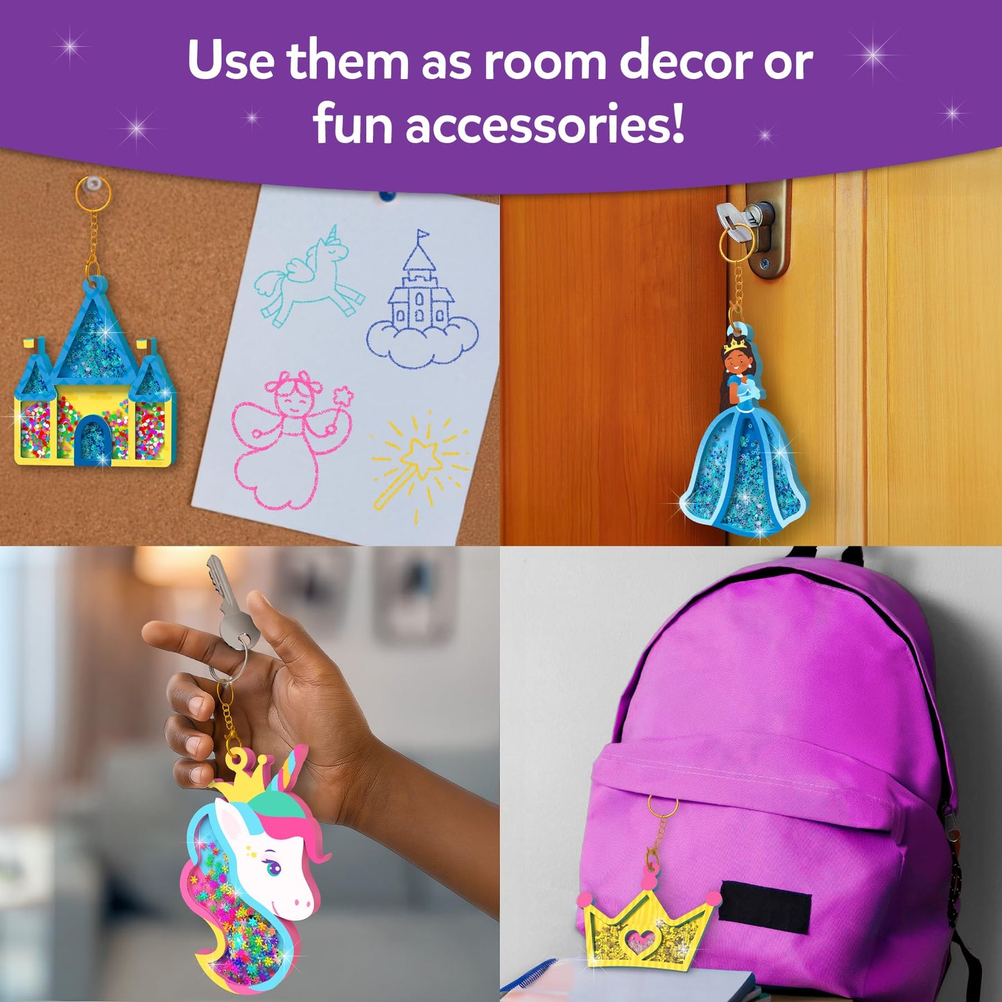Skillmatics Shake-its – Glitter Craft Kit for Kids, DIY Arts & Crafts with Keychains, Mess-Free Activity, Unicorns & Princesses, Travel Toy, Birthday Gift for Girls & Boys Ages 4, 5, 6, 7, 8, 9