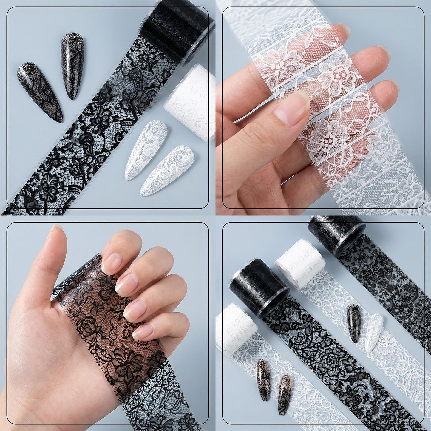 Aiuulu 40 Rolls Lace Nail Foil, Holographic Lace Transfer Foil Sheets for DIY Nails Art, 4 Boxes Black & White Transfer Stickers Flower Decals