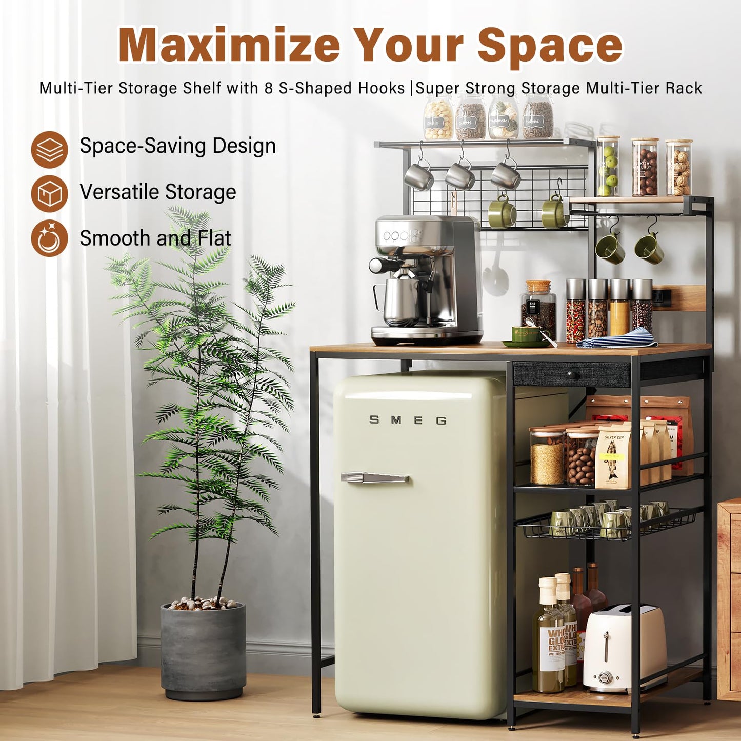 CozyDH Large Bakers Rack with Power Outlet, Kitchen Microwave Stand with Storage Shelves, Wire Basket and 12 S-Shaped Hooks, 35.4 Inches Rustic Brown Coffee