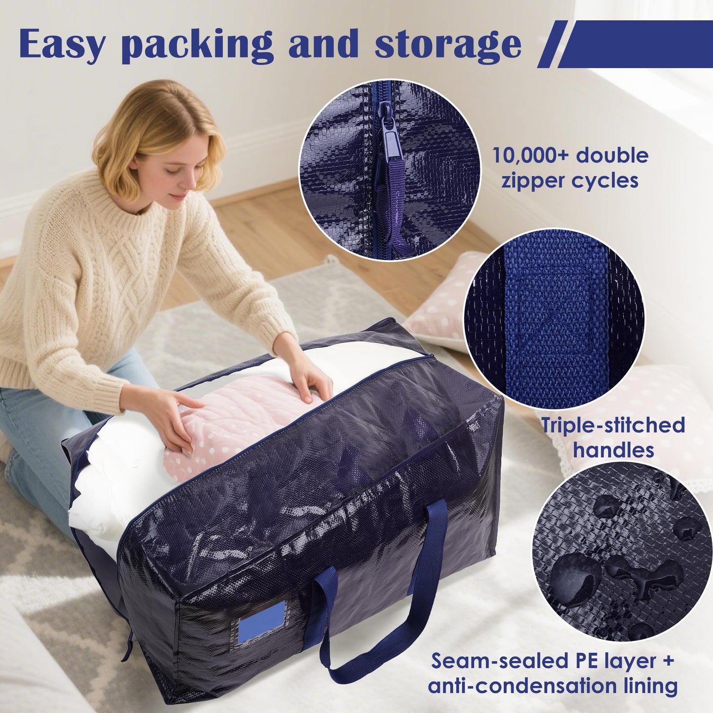 RMOHRO 6 Pack Moving Bags Heavy Duty 210GSM with Full-Open Side Zipper, 93L 65lbs Waterproof Foldable Storage Totes for College Dorm Move-In, Moving Boxes Alternative & Home Organization, Blue