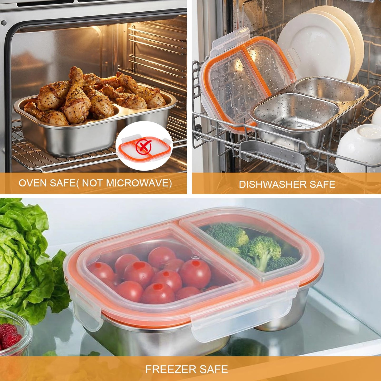 XIANKE 3Pack Stainless Steel Lunch Box, 27oz/800ml Snack Containers with Lids, Stainless Steel Food Storage Container with Lockable Clip, Leak-proof, Dishwasher-Safe Snack Box for Travel, Work