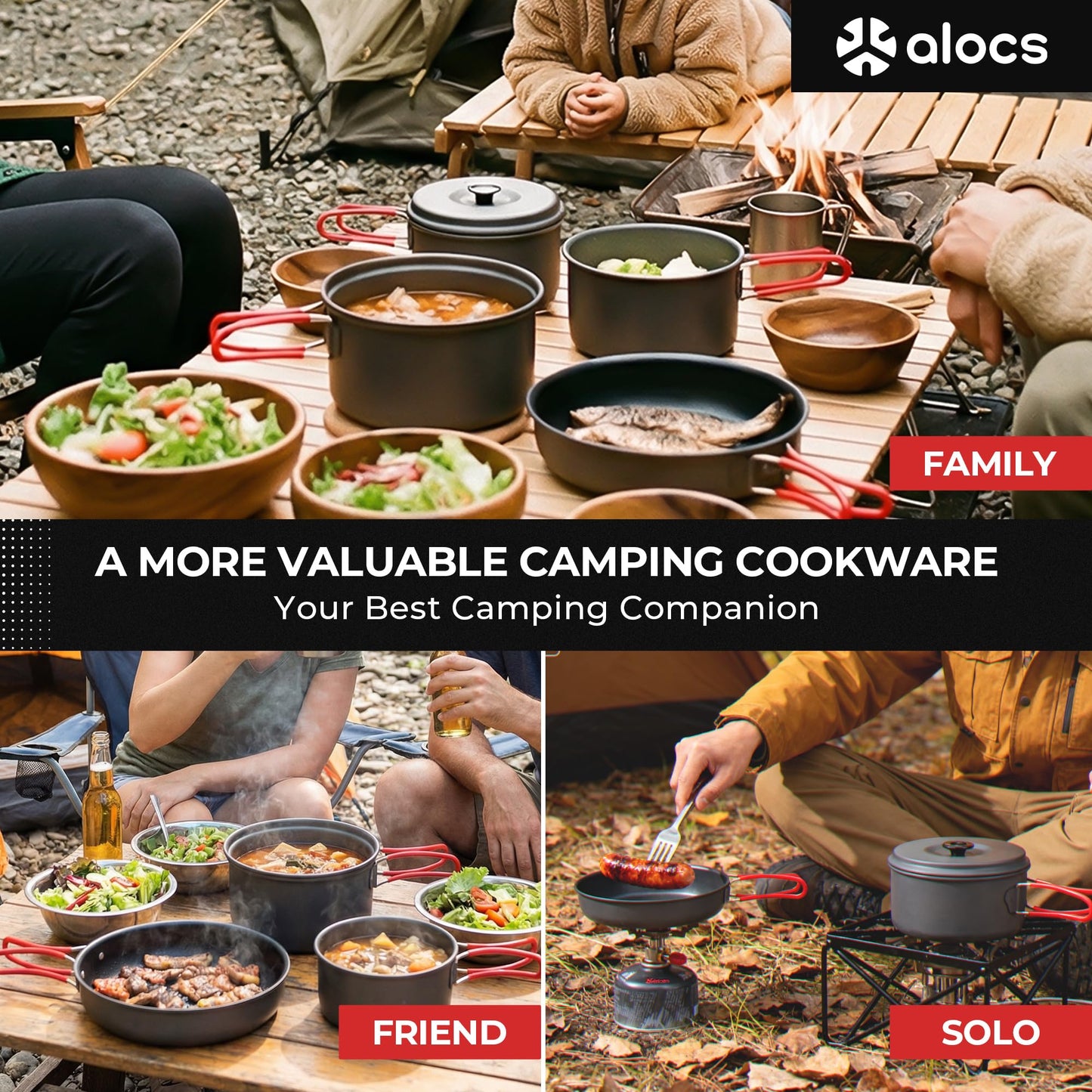 Alocs Camping Cookware, Aluminum Camping Cooking Set Camp Kitchen, Portable Camping Pots and Pans Set Essentials Mess Kit for Backpacking, Outdoor Cooking and Picnic