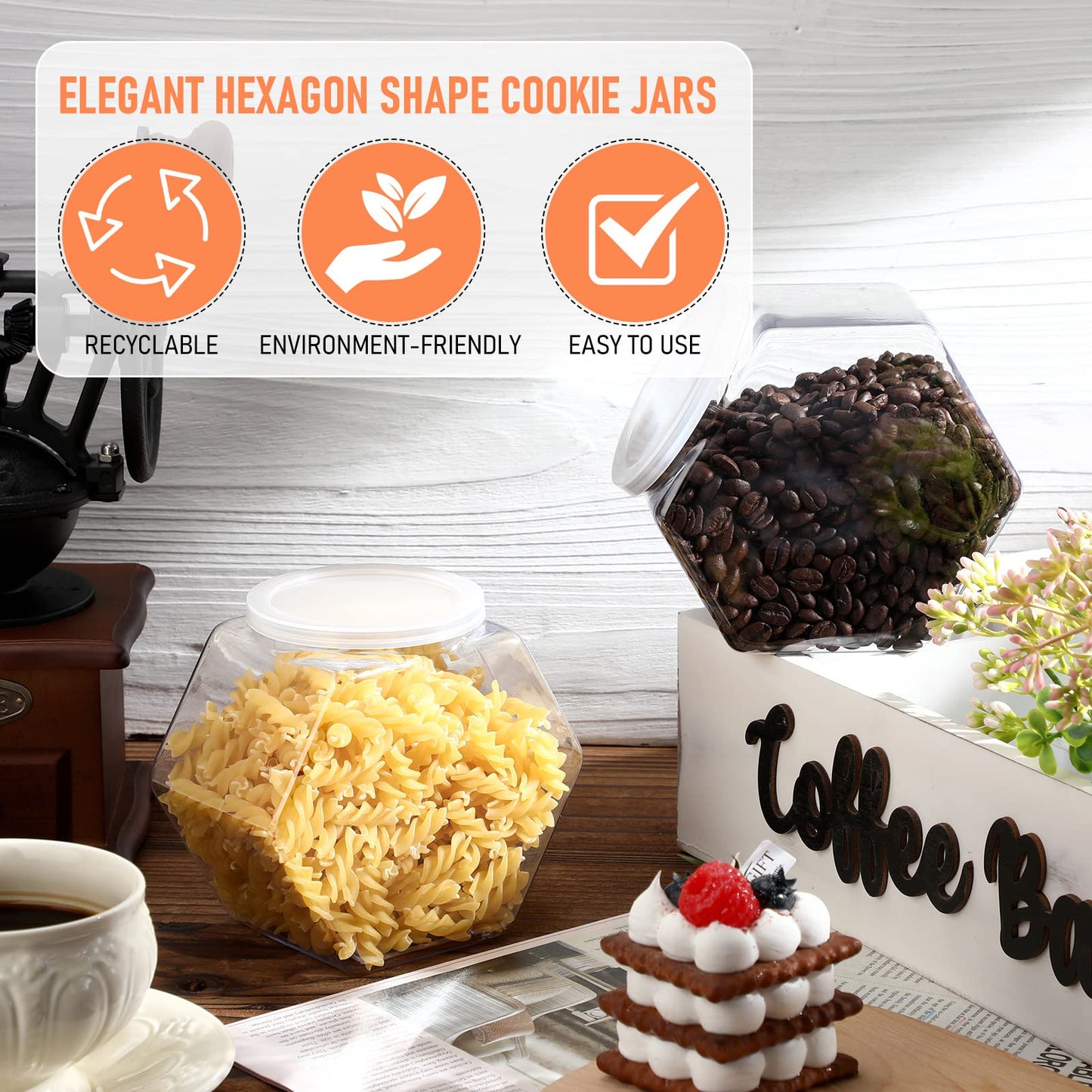 EBOOT 4 Pcs 29 oz Plastic Candy Cookie Jars for Kitchen Counter Hexagon Cookie Jar with Lid Clear Candy Containers Laundry Pod Storage Container Dry Food for Buffet Dog Treats Craft
