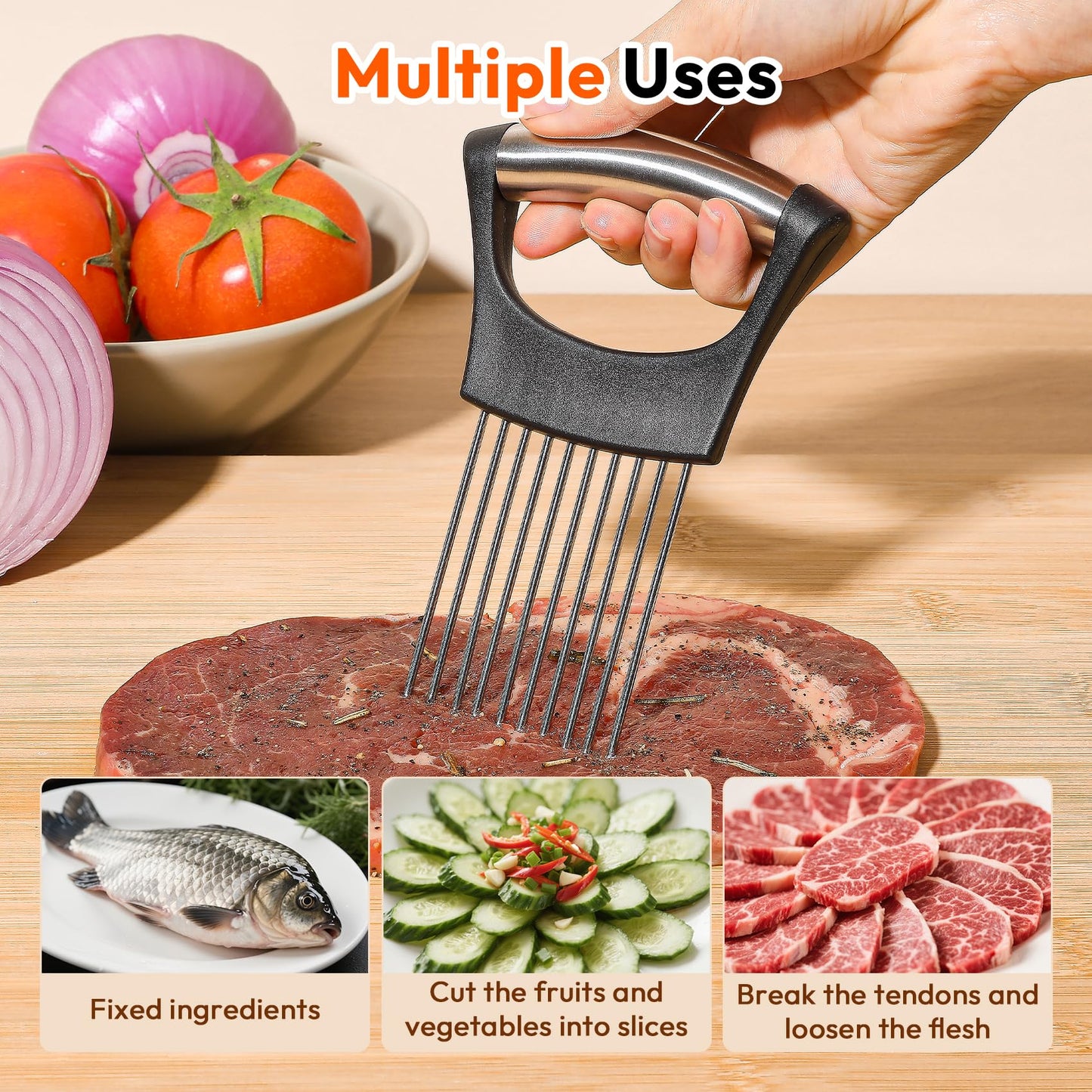 Onion Slicer, Stainless Steel Onion Holder for Slicing with Protective Case, Onion Cutter Tool for Meat Lemon Potato Tomato Avocado Egg Kitchen Slicing Assistant Tool (1 PCS)