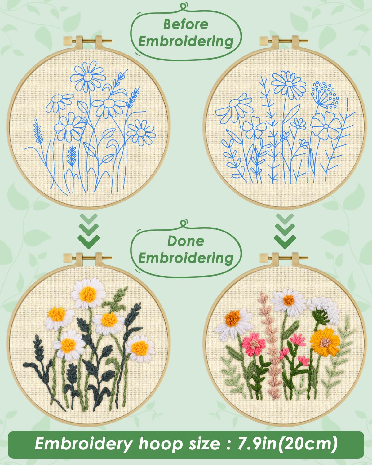 ERKOON Punch Needle Kit Adults Beginners, 2 Pcs DIY Easy Flower Embroidery Set for Starter Art Craft, Needling Punching Project with Patterns, Tools, Yarns, Hoop, Instruction (Daisies)