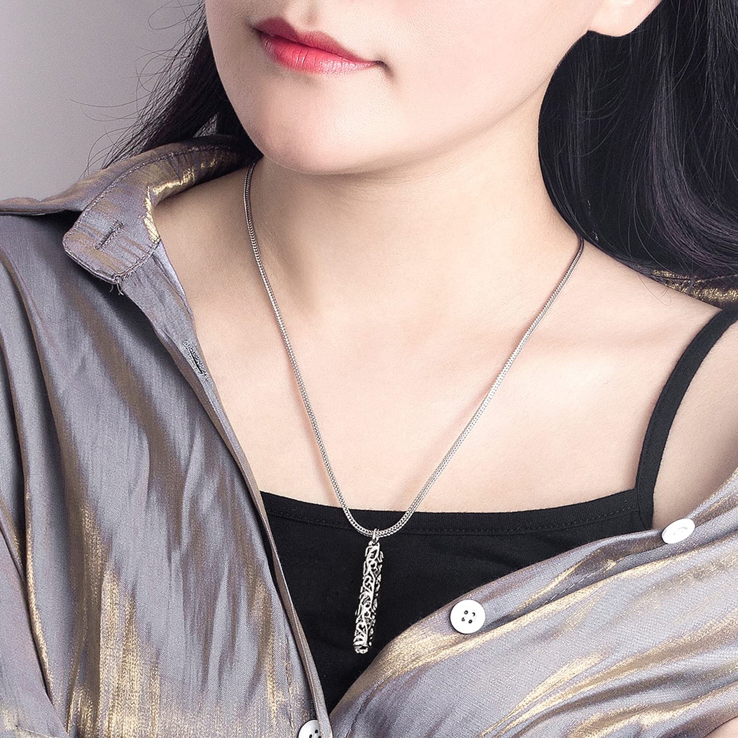 Dankadi Women's 925 Silver Necklace-Bohemian Sterling Silver Patterned Cylindrical Pendant Necklace-100% Original Silver Snake Chain 45-60CM Fine Jewelry (Chopin chain 22 inch)