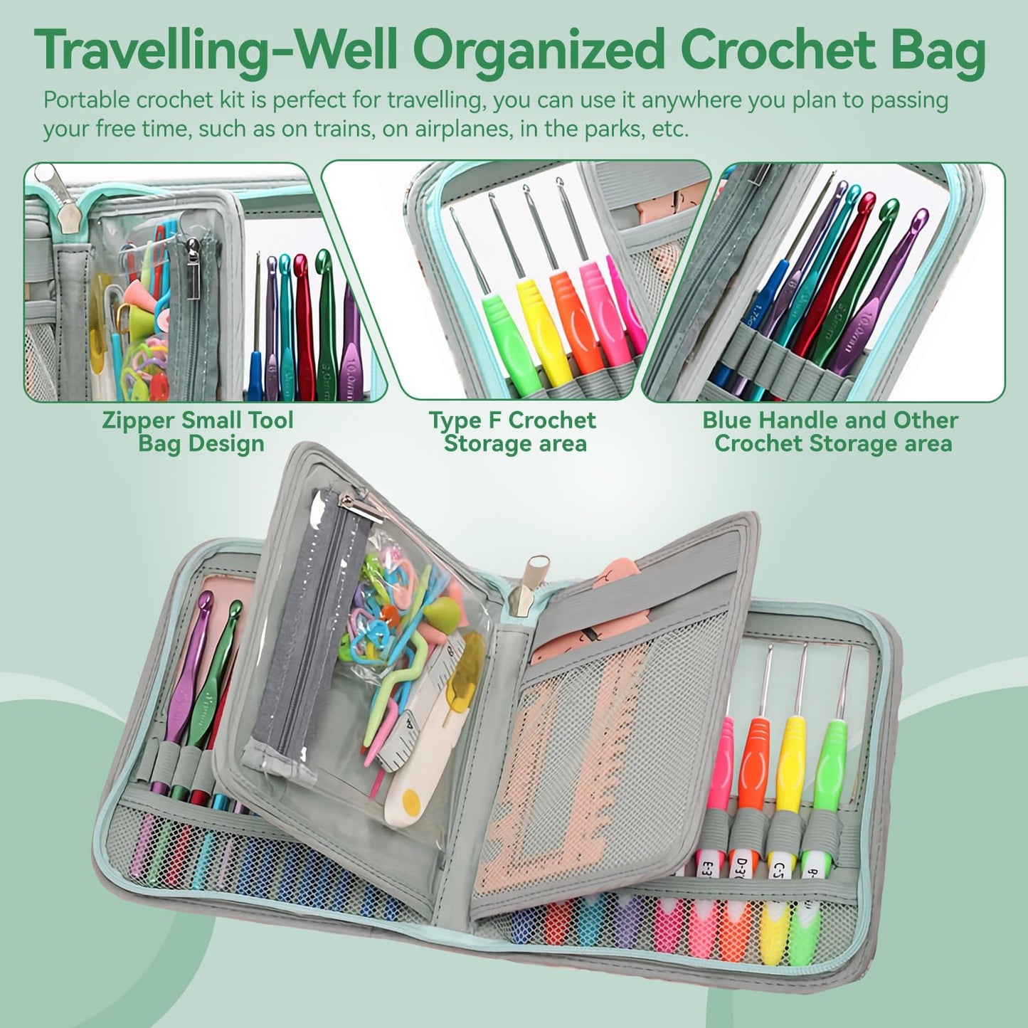 Dasonwin 60-Piece Ergonomic Crochet Hooks Set with Travel Case - Aluminum Crochet Needles Kit for Beginners & Experts, Arthritis-Friendly Design,Includes Stitch Markers & Accessories(Green)