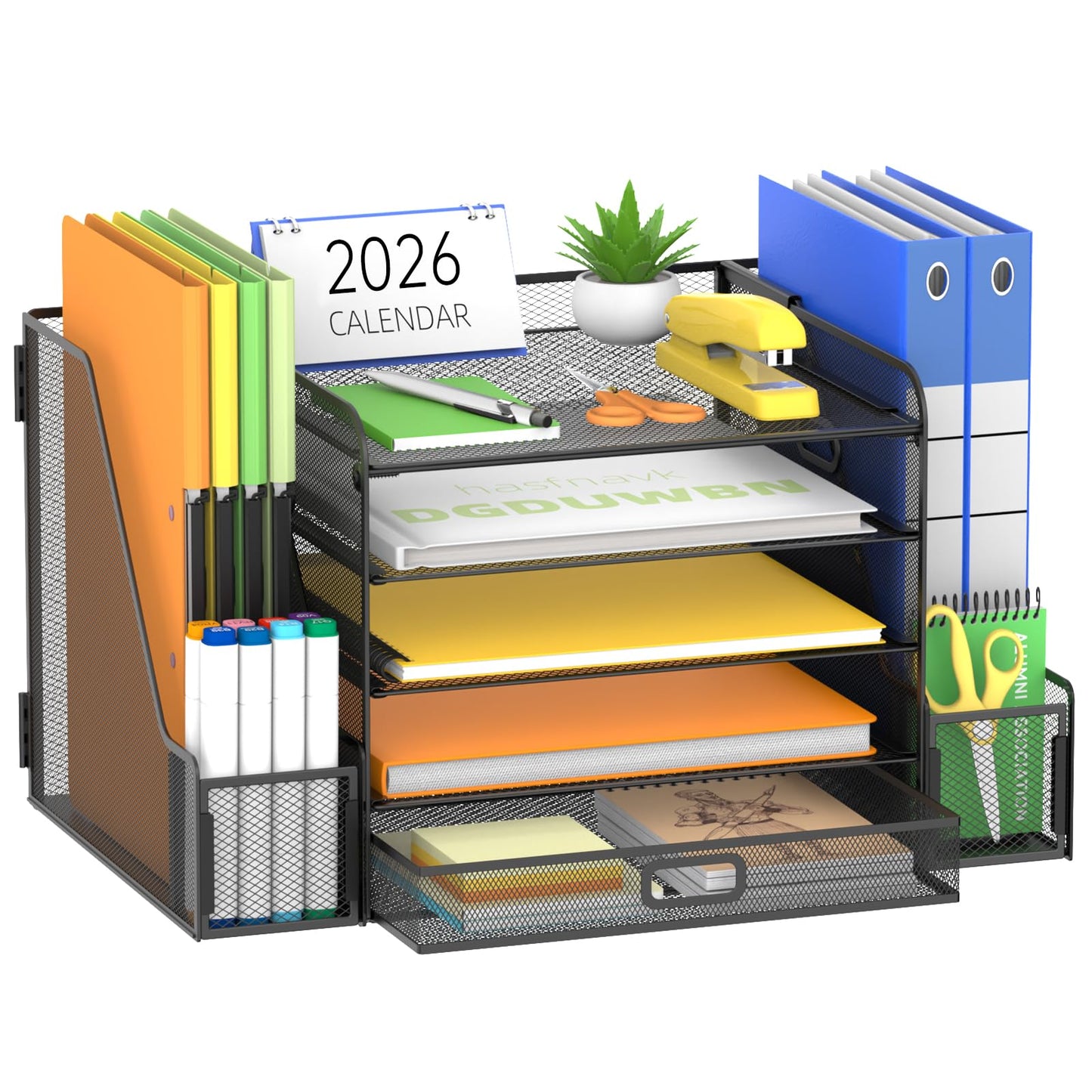 SUPEASY Mesh Desk Organizer with File Holder, 5-Tier Paper Letter Tray Organizer with Magazine Holder, Desktop Organizer and Storage with Drawer for Office Supplies Home or School (Black)