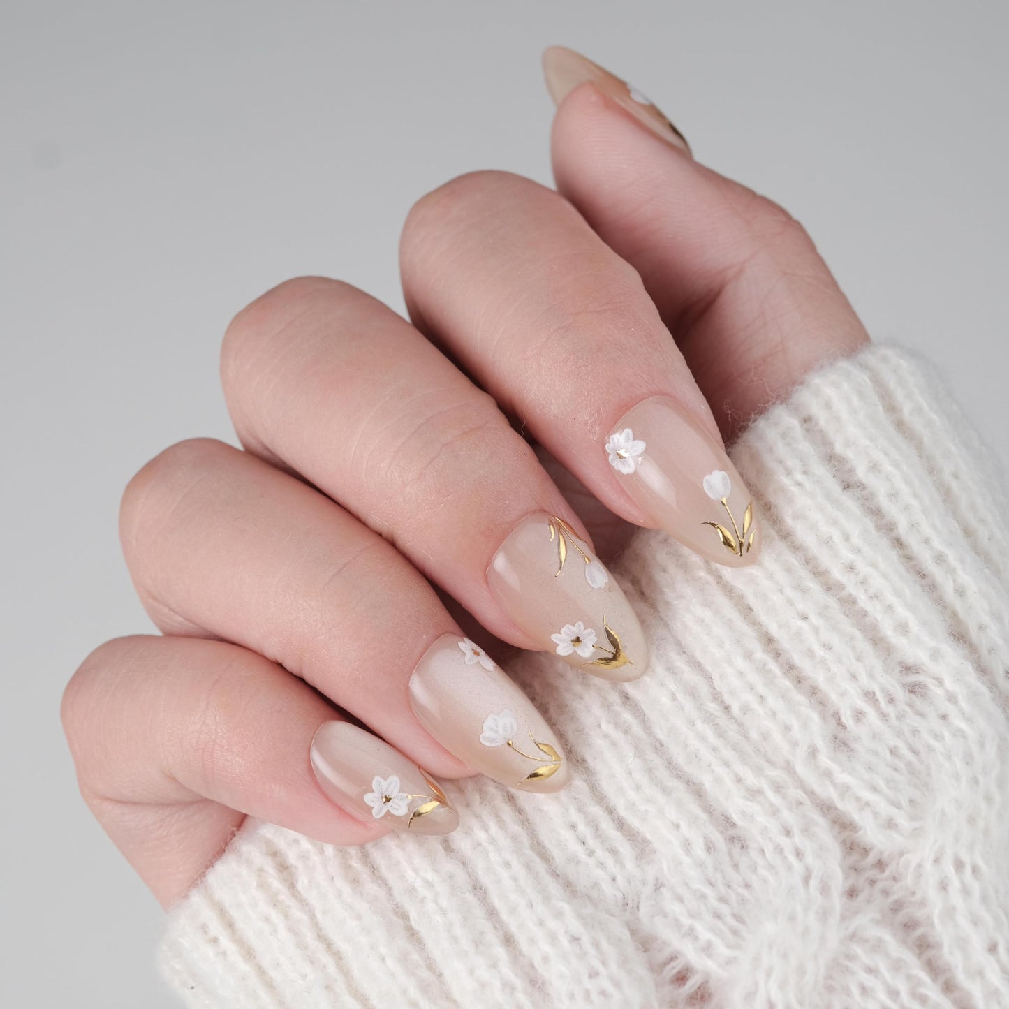 Nailique Press On Nails Short Almond – Handmade White Floral Soft Gel with Gold Foil Spring Design, 26pcs Reusable Nail Tips with Lamp-Curable Glue, Salon Quality Bridal Wedding Manicure