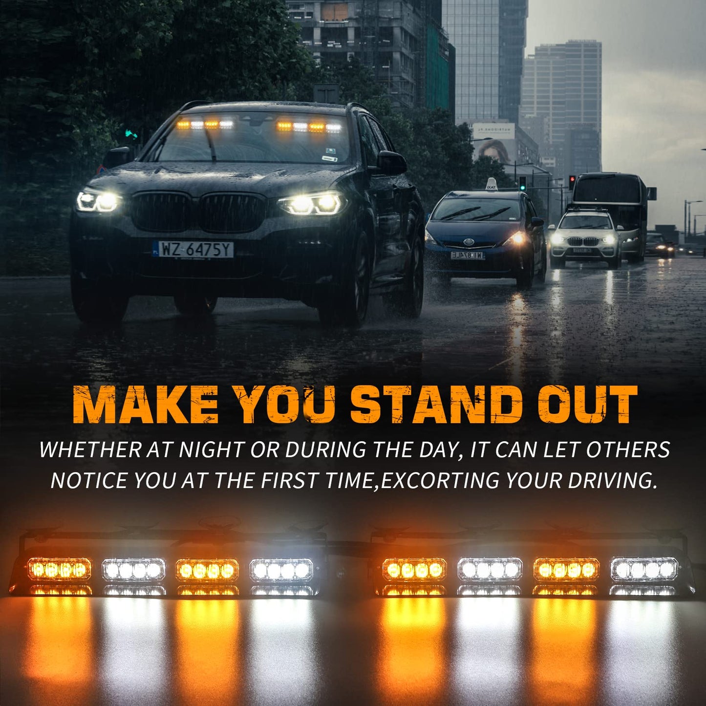 XRIDONSEN Emergency Dash Strobe Lights Safety Flashing Warning Hazard Interior Front/Rear Windshield Deck Split Light Bar with Suction Cups for Construction Vehicles Trucks (2x14 inch, Amber White)