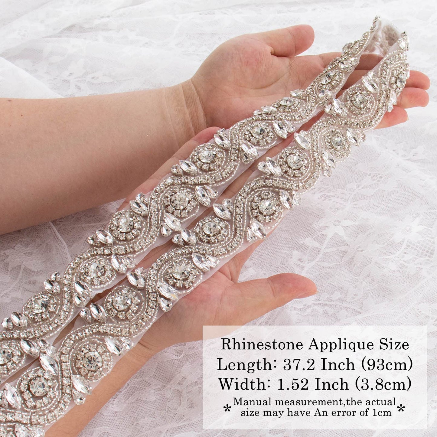 ShiDianYi Wedding Rhinestones Pearls Trim, 1 Yard Long Silver Rhinetones for Dress, Bridal Applique, Crystal Beaded Applique