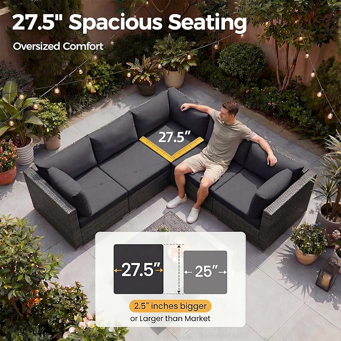 NICESOUL 8 Seater Modern Luxury Outdoor Furniture Set, Extra Large PE Wicker Patio Modular Sectional Sofa with Ottoman, 29.3'' High Back L-Shaped All-Weather Conversations, Deep Seated Grey Color