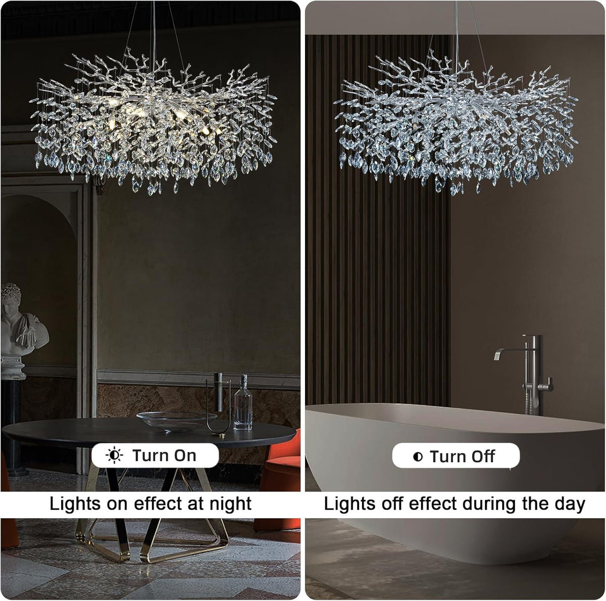 Modern Crystal Chandeliers for Dining Room, 40" Round Silver Tree Branches Chandeliers, Large Dining Room Over Table Chandeliers Lights Fixture, Branches and Crystals Ceiling Light Fixtures