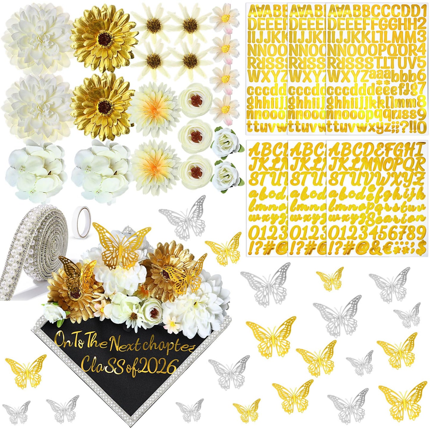 Wavwavw 53 Pcs DIY Graduation Cap Decorations Kit, 2026 Grad Cap Topper Include Faux Flowers 3D Butterfly Self Adhesive Pearl Stickers Glitter Alphabet Letter Decals for Party Decor(White)