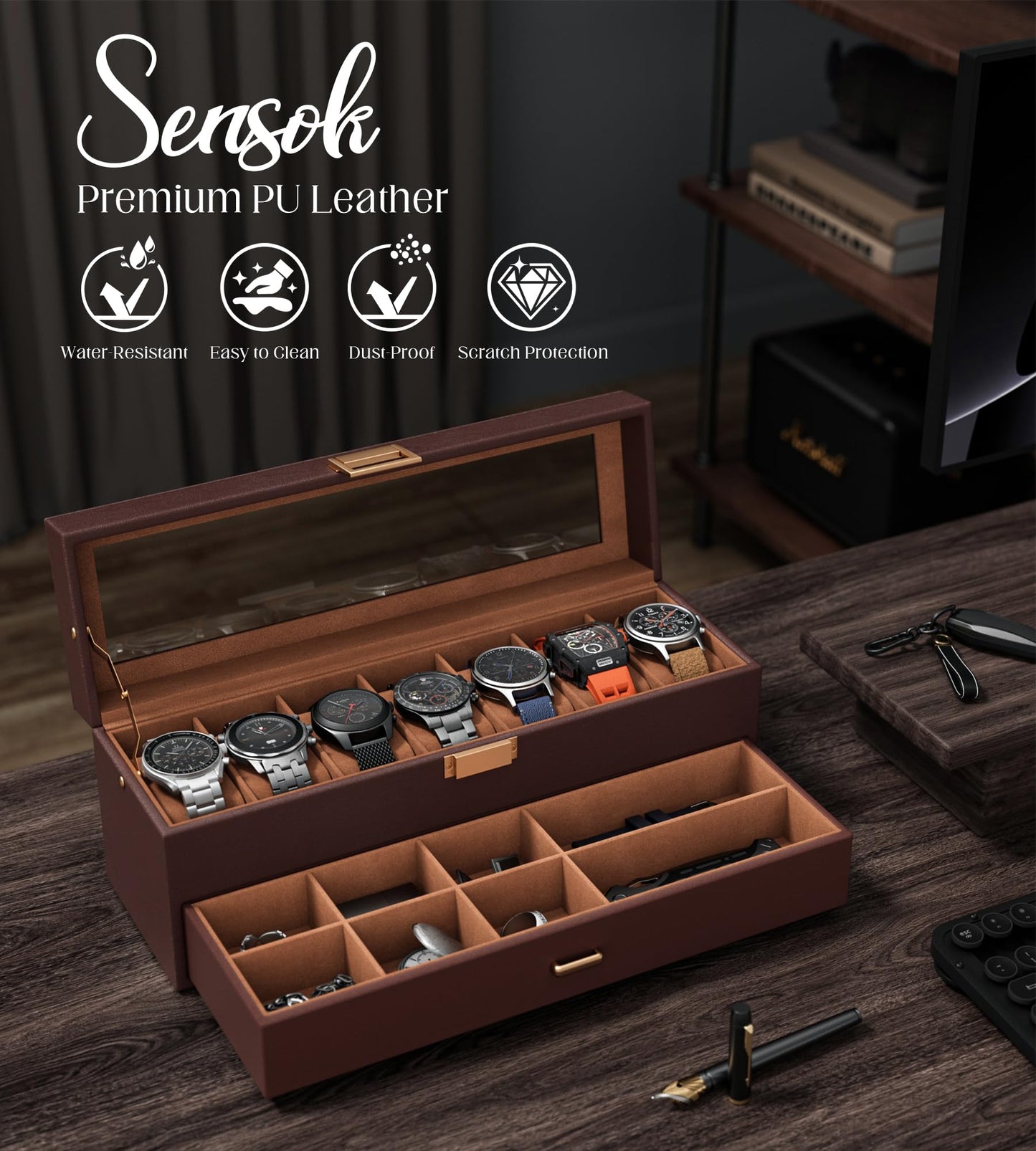 sensok Watch Case Box for Men - 7 SLots Watches Storage Organizer Real-Glass Display Case with Jewelry Drawer 2-Layer PU Leather Collection Holder Gift for Loved Ones Brown
