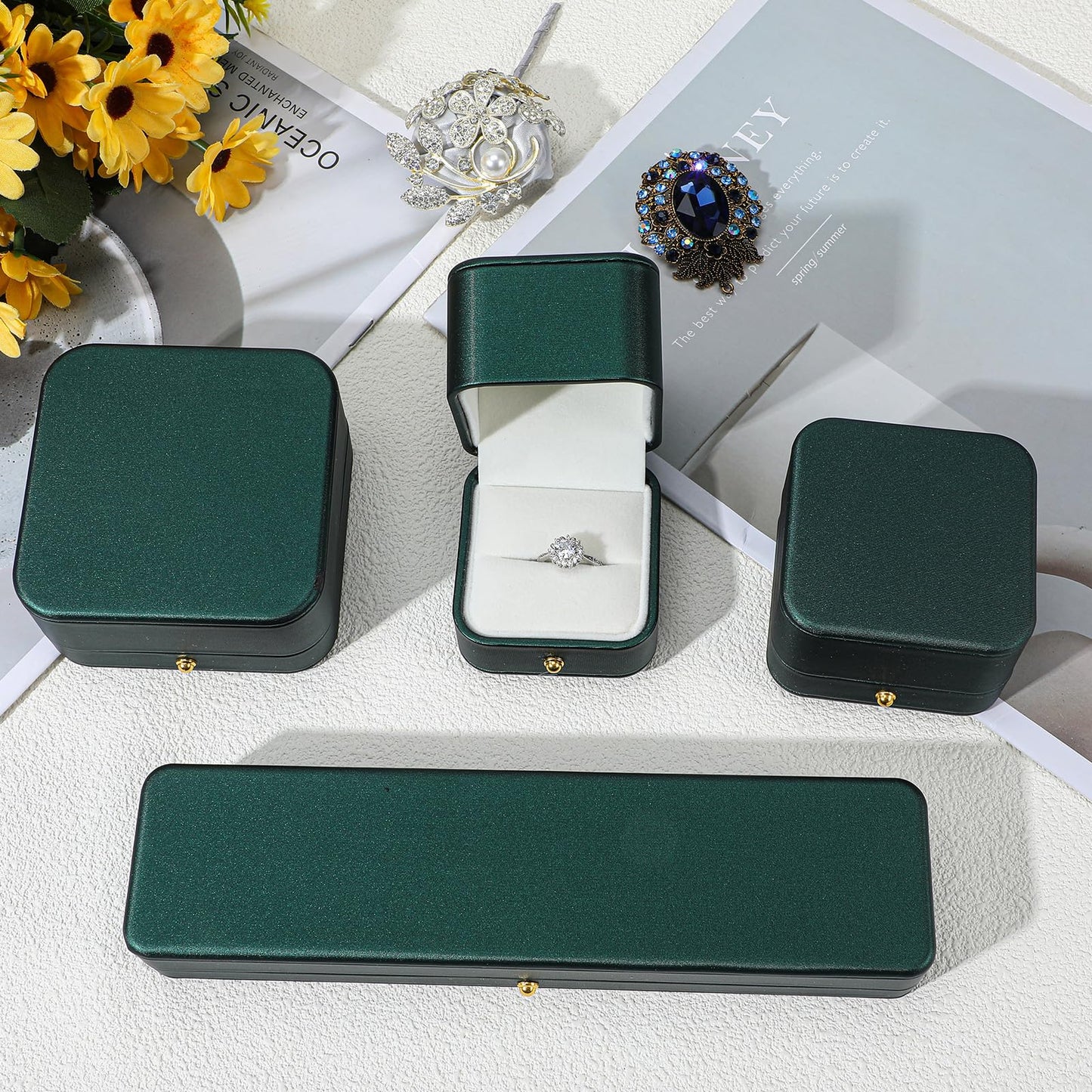 moheaaei 4 Pcs Jewelry Gift Box Set, Green Velvet Gift Box for Ring Long Necklace Chain Bangle Bracelet Ring Jewelry Boxes for Engagement Proposal Weeding