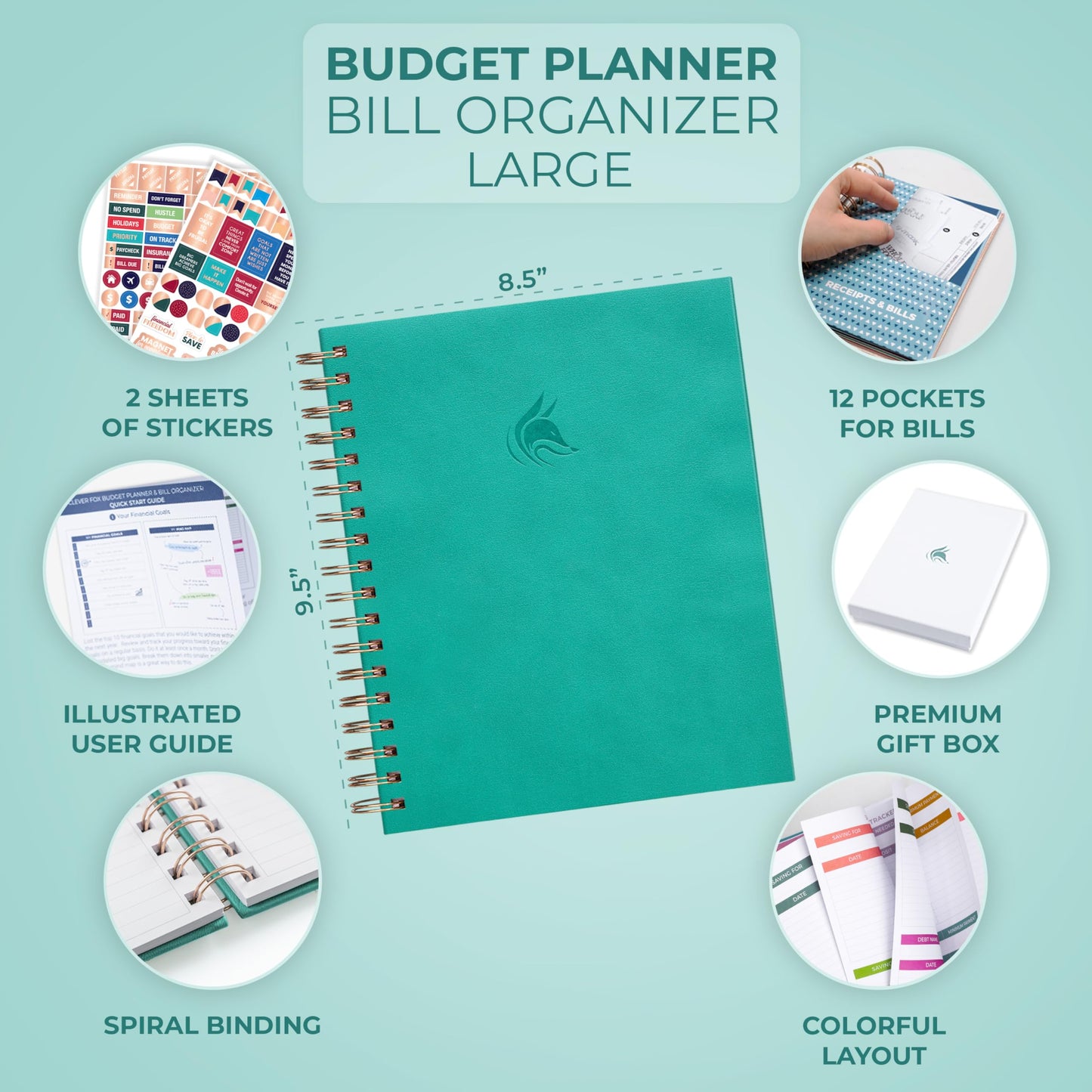 Clever Fox Budget Planner & Monthly Bill Organizer With Pockets. Expense Tracker, Budgeting Journal & Financial Book. Large, 8x9.5" (Turquoise)