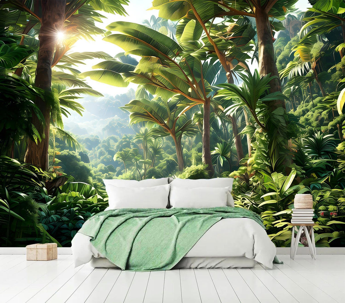 AFZEVEB-Green Tree Wall Mural Tropical Jungle Wallpaper for Bedroom 136"x96"(Not Peel and Stick)