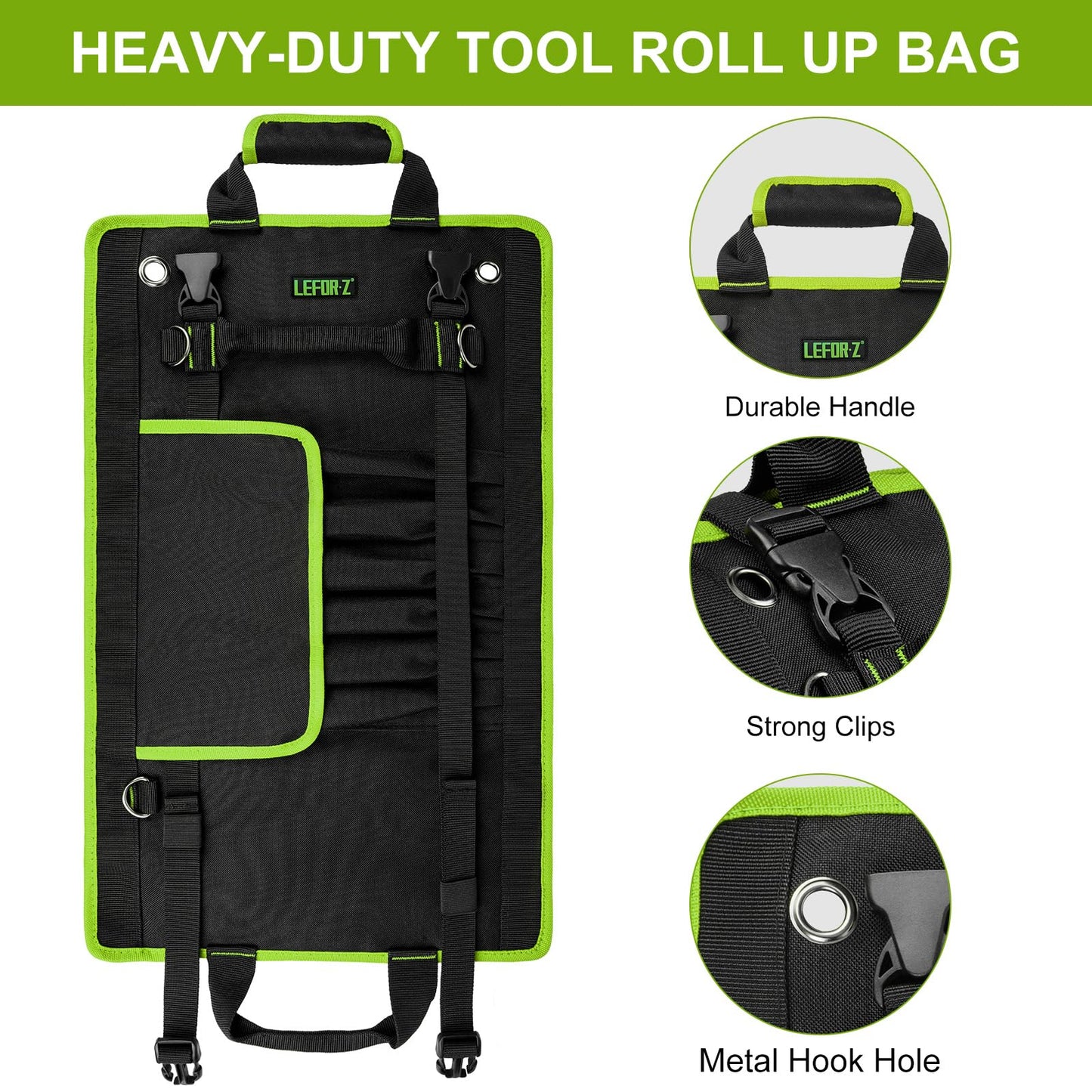 Tool Bag,Large Roll Up Tool Bag Organizer,13 Pockets Tool Roll Storage Pouch,Heavy Duty Portable Tool Storage Carrier Bag for Men,Mechanic,Electrician,Valentines Day Gifts for Men,Black/Green