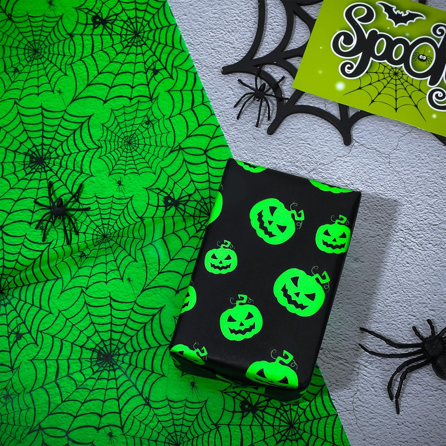 Whaline 90 Sheet Halloween Black Green Tissue Paper Pumpkin Cobweb Bat Wrap Tissue Paper 13.8 x 19.7 Inch Scary Black Green Decorative Gift Wrapping Paper for Halloween Party Craft Gift Packing