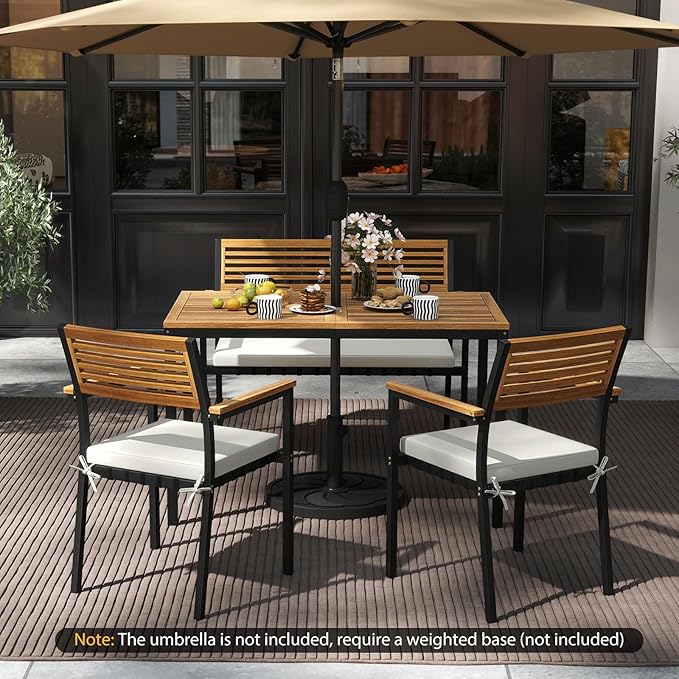 Tangkula 4 Piece Patio Dining Furniture Set, Outdoor Dining Chair Set for 4 w/Acacia Wood & Metal Frame, Umbrella Hole, 1 Table, 2 Armchairs, 1 Bench for Lawn, Garden, Backyard, Porch