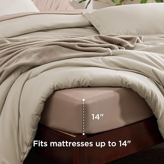 Bedsure Twin Comforter Set Beige, 6 Pieces Prewashed Twin Size Bed in a Bag with Soft Fleece Bed Blanket, Down Alternative Bedding Set for All Seasons, Sheets, Pillowcase & Sham