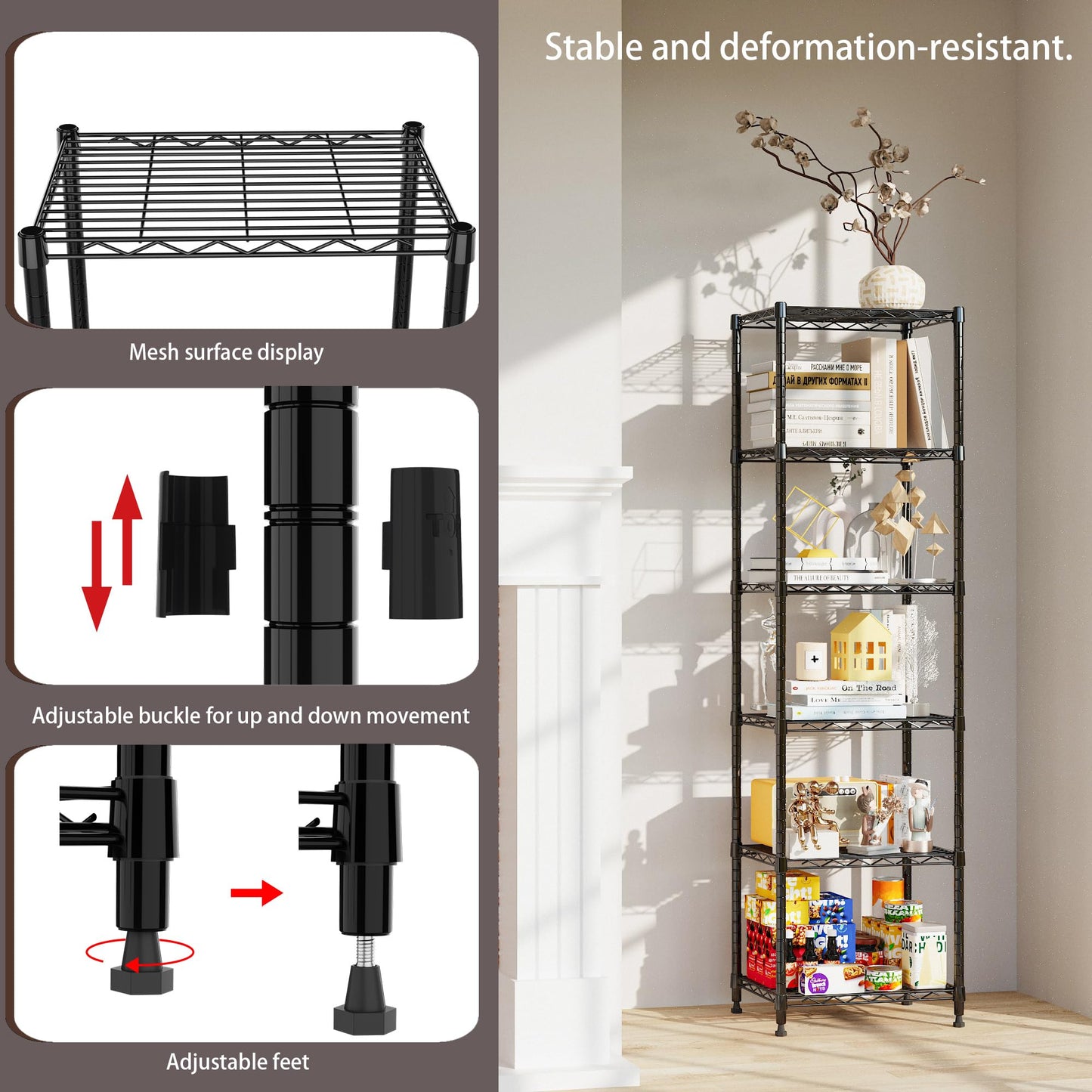 REGILLER 6 Wire Shelving Steel Storage Rack Adjustable Unit Shelves for Laundry Bathroom Kitchen Pantry Closet (16.7L x 11.9W x 64H, Black)