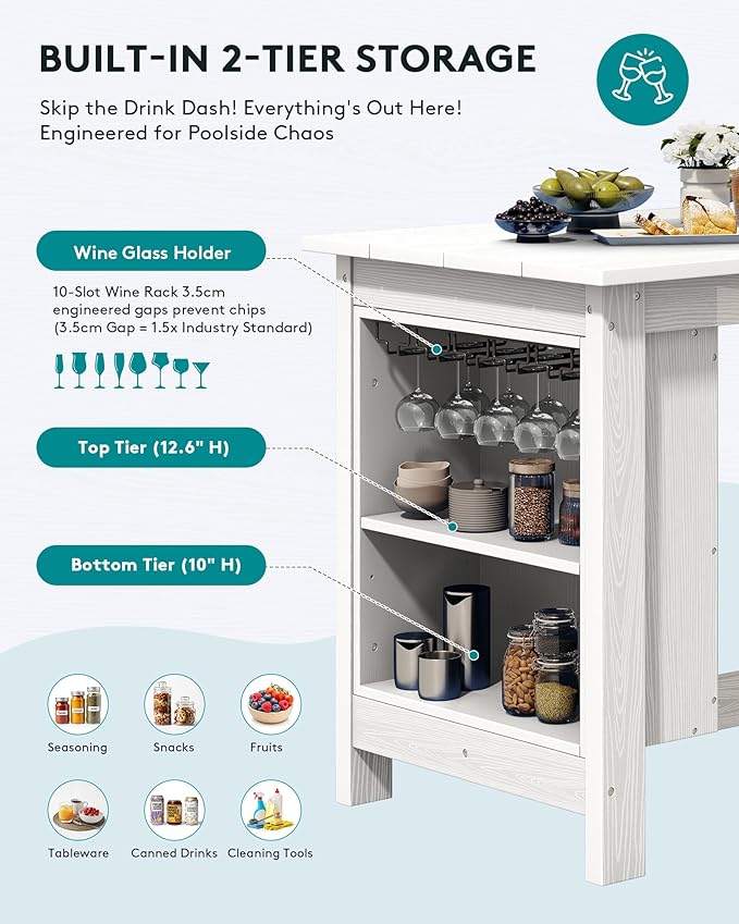 SERWALL 3-Piece Outdoor Counter Height Bar Set, HDPE Patio Bar Table with Wine Rack & Storage Shelf, 2 All-Weather Bar Stools, Patio Bar Dining Furniture Set for 3, White