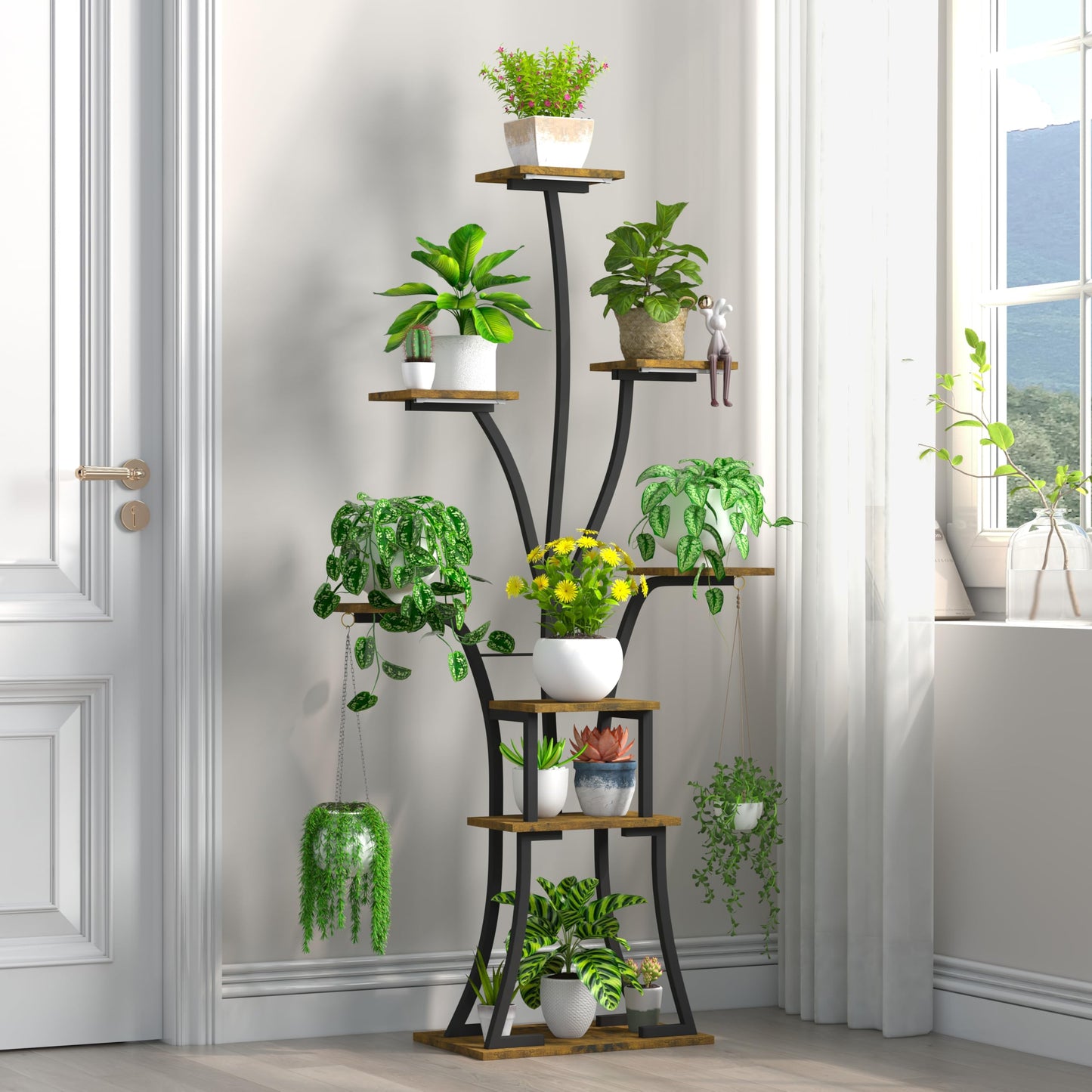 YIIHEERR 64" Tall 8 Tiered Plant Stand Indoor with Grow lights Large Tree Shape Decorative Rack Plant Pot Holder Gardening for Living Room Corner Black
