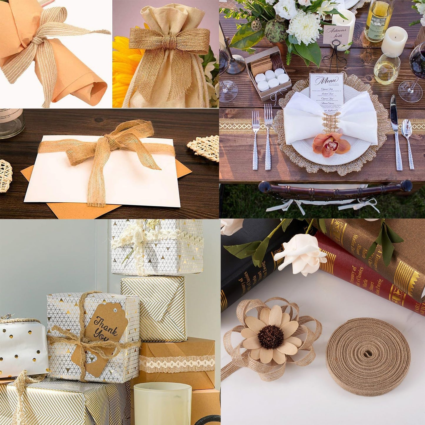 Pandahall 5 Rolls Natural Burlap Fabric Ribbon 1/4 inches Tan Jute Linen Ribbon Rolls for Party Decoration, DIY Crafts Gift Wrapping Christmas Making