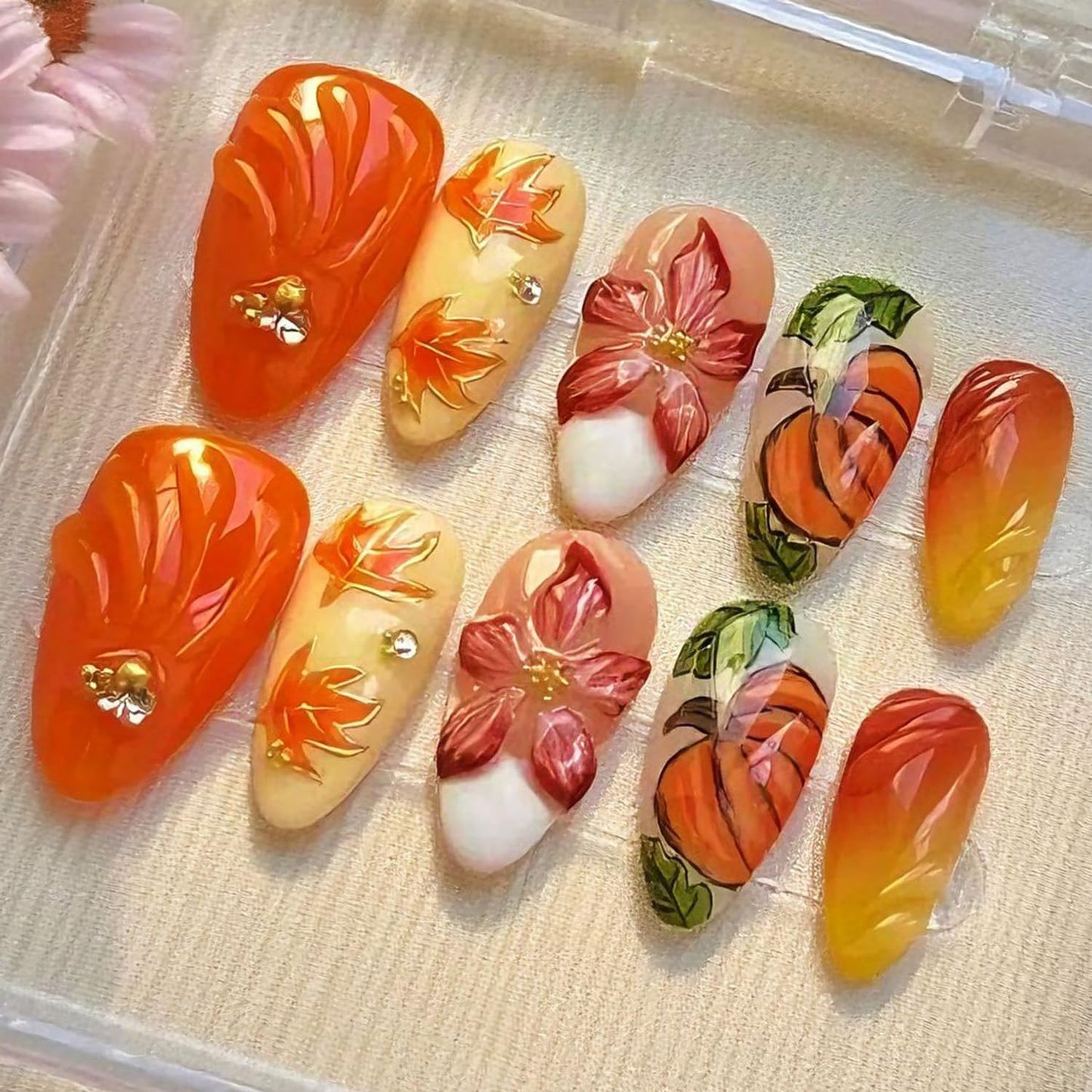 30Pcs Fall Press on Nails Medium Almond French Tip Fake Nails with 3D Flower Gold Sliver Gems Design Maple Leaf Pumpkin False Nails Glossy Glue on Nails Full Cover Artificial Stick on Nail for Women