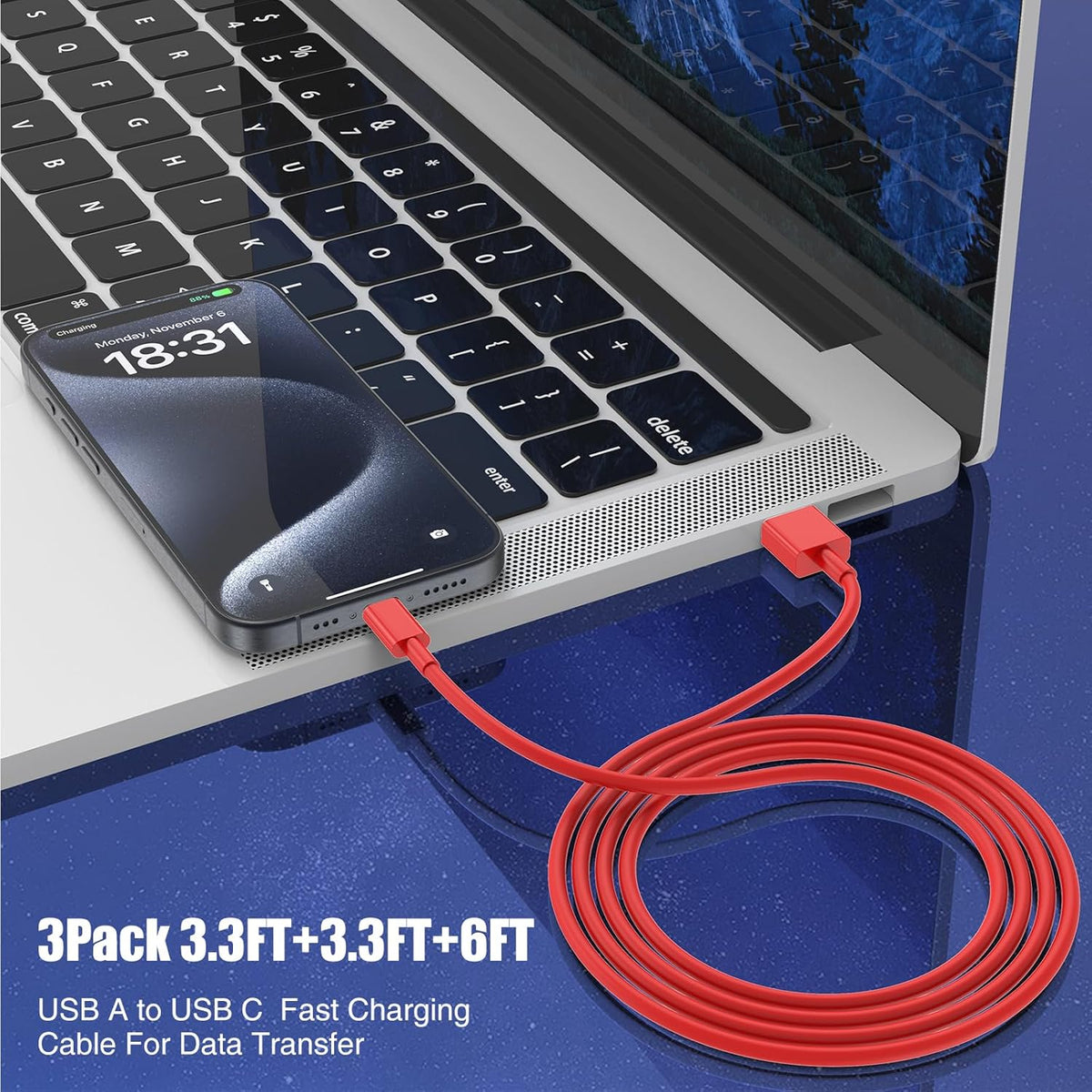 3-Pack Red [3.3FT+3.3FT+6FT] USB A to USB C Cable，USB to USB C Car Carplay Cable for iPhone 16 15 Pro Plus Pro Max，for iPad Pro/Air/Mini，for Samsung S24/S23/S22/S21，for MacBook Pro/Air and More