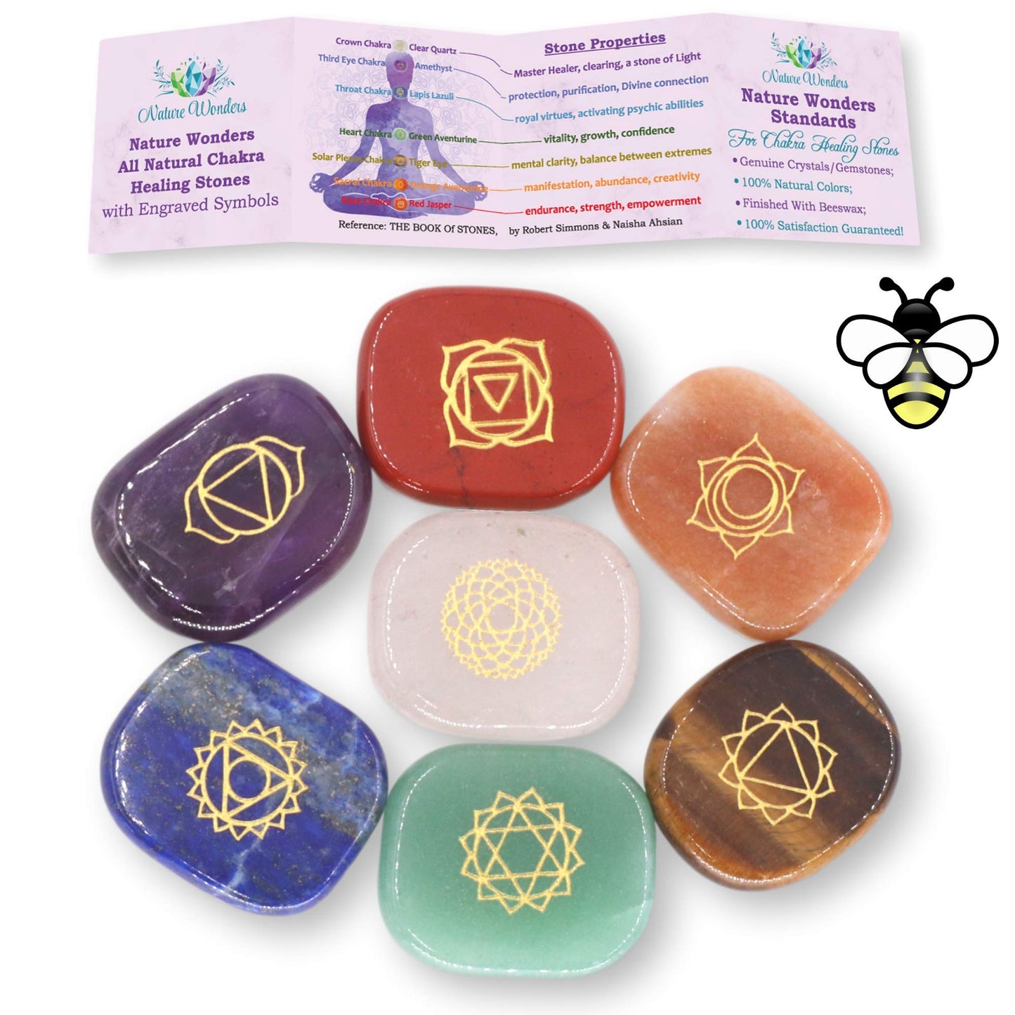 NatureWonders All Natural Chakra Stone Set with Information Brochure & Travel Pouch - Healing Crystals, Polished Palm Stone, Meditation, Reiki, Energy