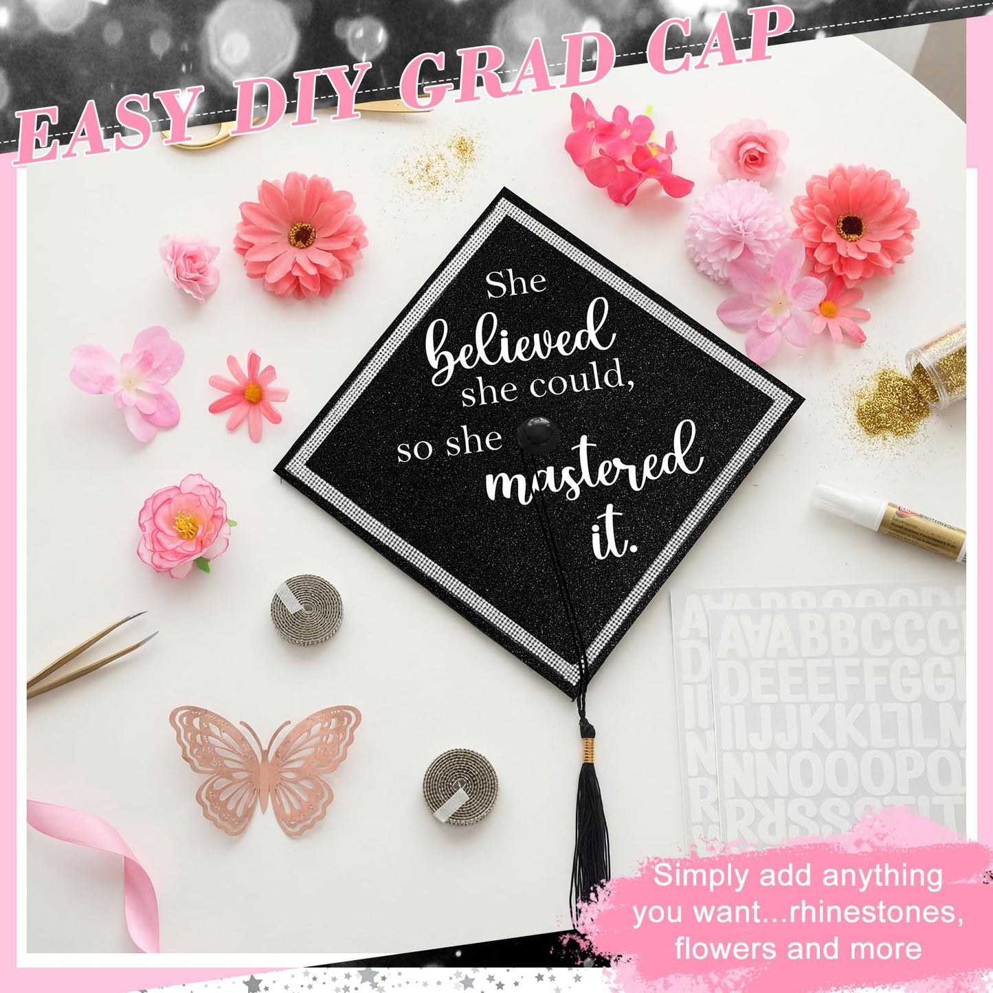 Dunzoom Black 16 Pcs Graduation Cap Decorations Kit Glitter DIY Cardstock Paper Letter Sticker for Graduation Hat Topper