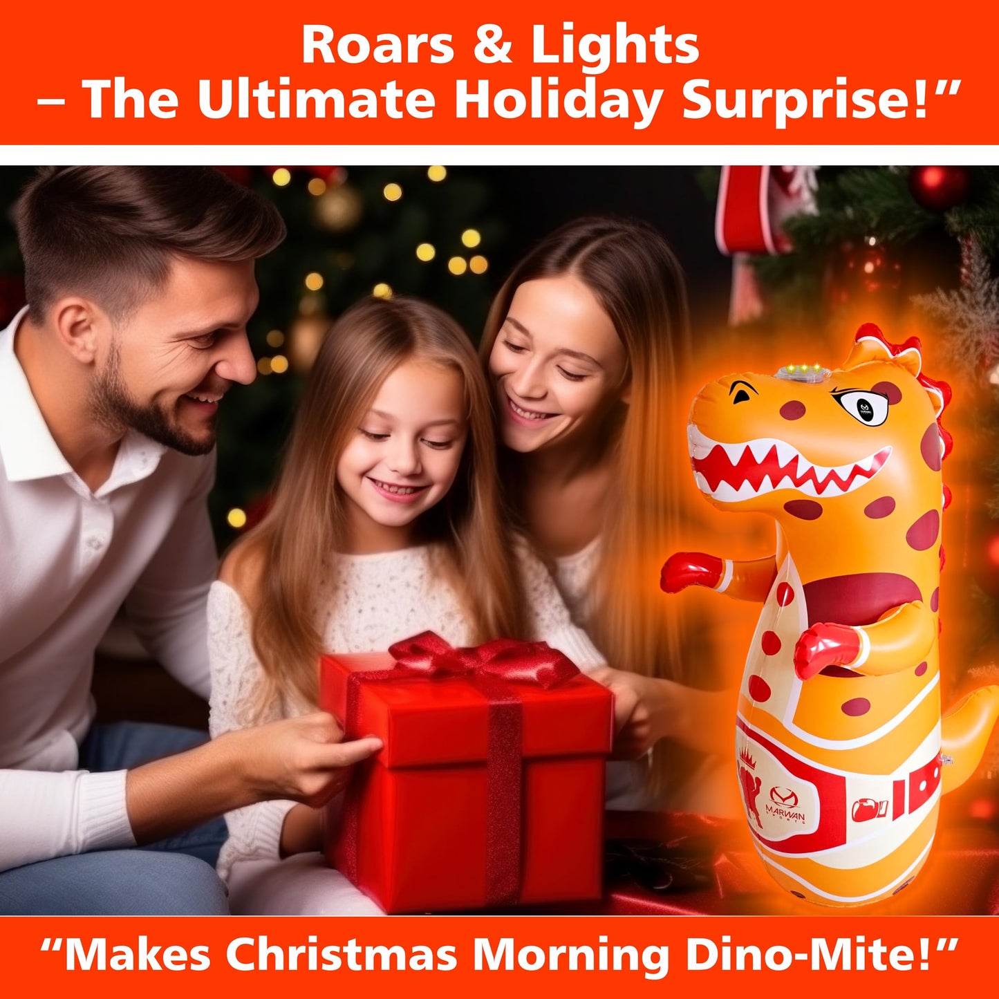 Light-Up Inflatable Dinosaur Punching Bag with Roaring Sound – 47” Bop Bag with Fast Bounce-Back for Active Kids Ages 2-7 – Fun Boxing Toy for Toddlers (3 AAA Batteries Required, Orange)
