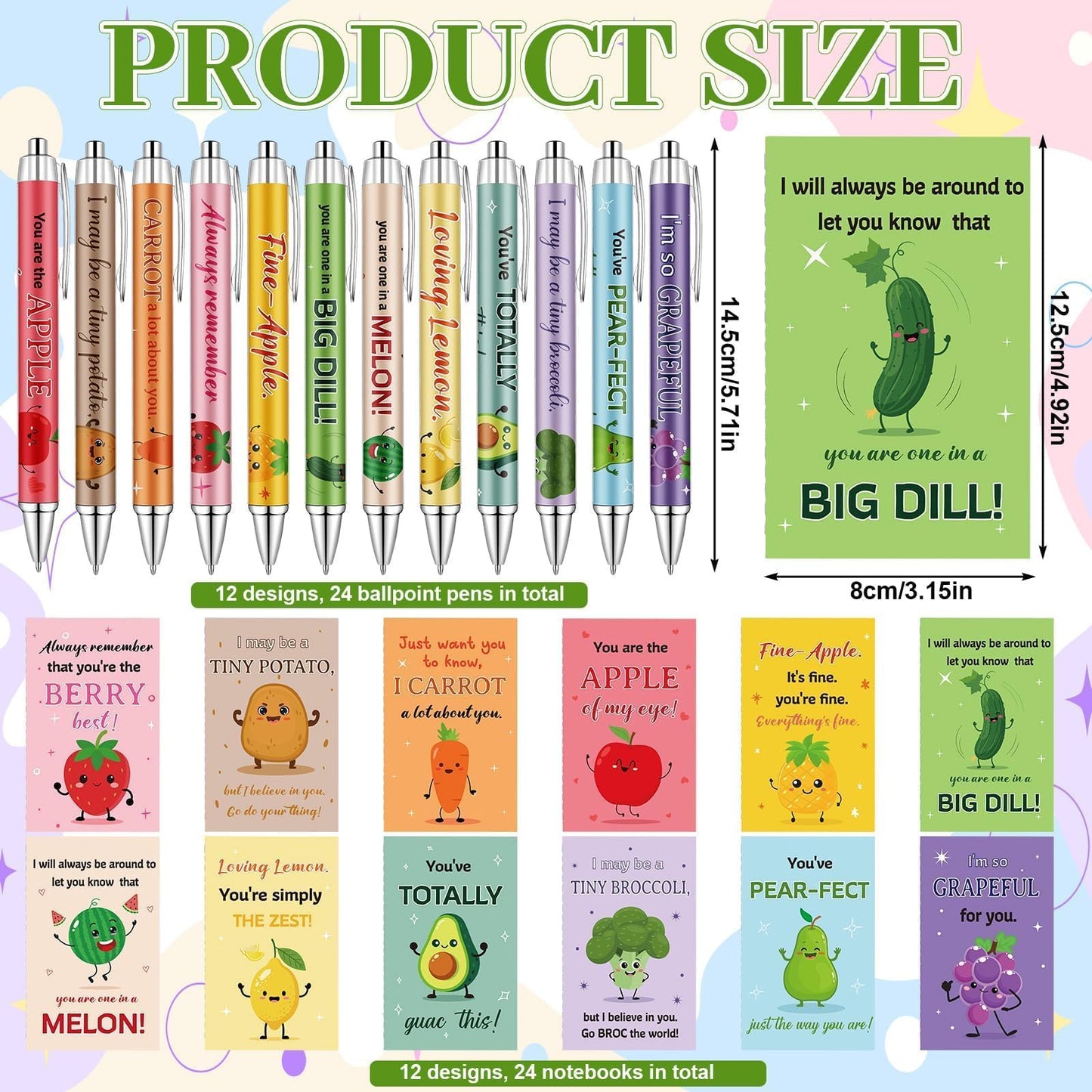 24 Sets Inspirational Mini Notebook with Pens Bulk Motivational Pocket Notepad with Cute Fruit Vegetable Pun Design Positive Gifts Employee Appreciation Gifts for Coworker Volunteer Teacher Students