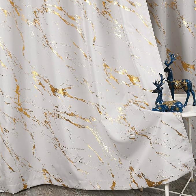 Taisier Home Gold Foil Print Linen Textured Curtains - Geometric Marble Pattern Design for Living Room - Light Filtering Window Treatment, 2 Panels, 72" L, Beige and Gold