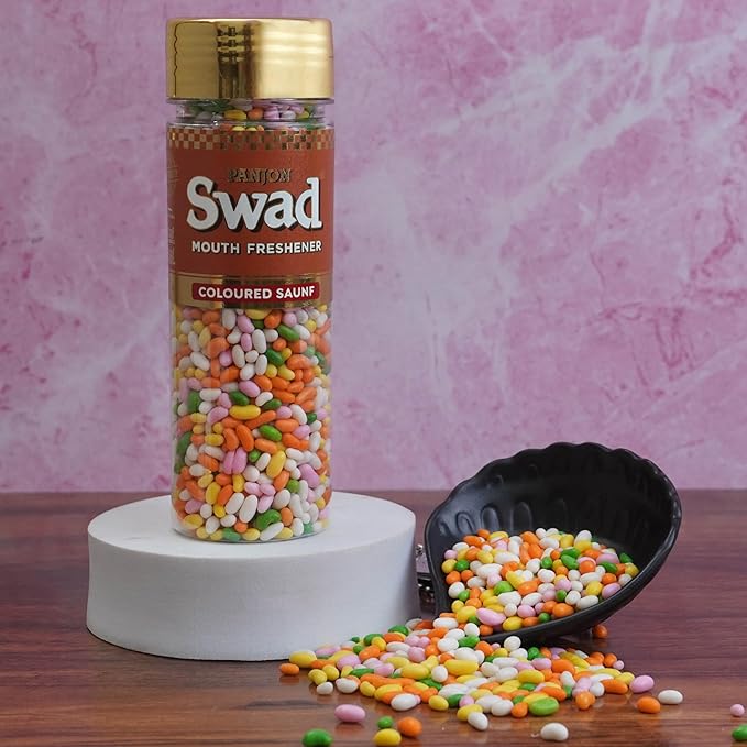 Panjon Swad Sugar Coated Fennel Candy Mukhwas Mouth Freshener 1 Bottle, 140g (COLOURED SAUNF)