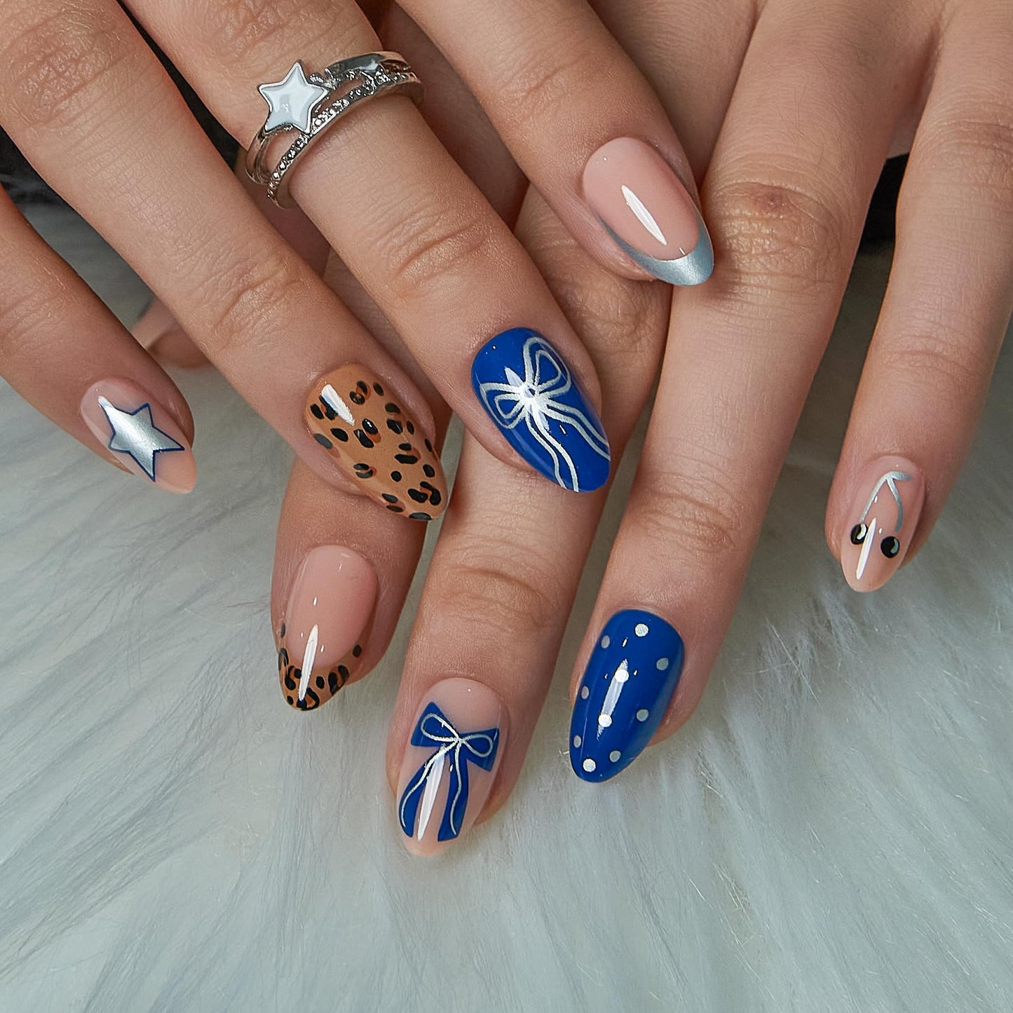 CurvLife Press On Nails Medium Almond Nude Blue Bow, Glossy Soft Gel Fake Nails with Polka Dots Leopard Tip, Reusable Salon Look Manicure for Women Teens Beginners, 30pcs, Daily Wear Work Party