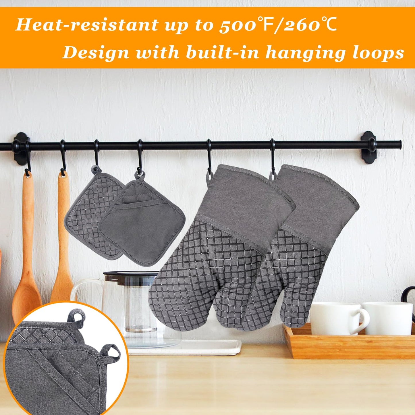 4 Pcs Oven Mitts and Pot Holders,Kitchen Long Oven Glove High Heat Resistant 500 Degree,Extra Thicken Oven Mitts and Potholder with Non-Slip Silicone Surface for Baking,Grilling,Cooking(Grey)